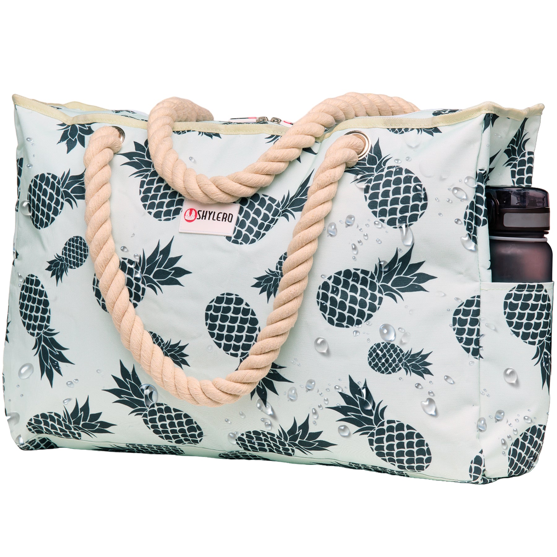 Beach Bag and Pool Bag | Water Repellent | Top YKK® Zip | Family Size | L22" x H15" x W6" | Green Pineapples