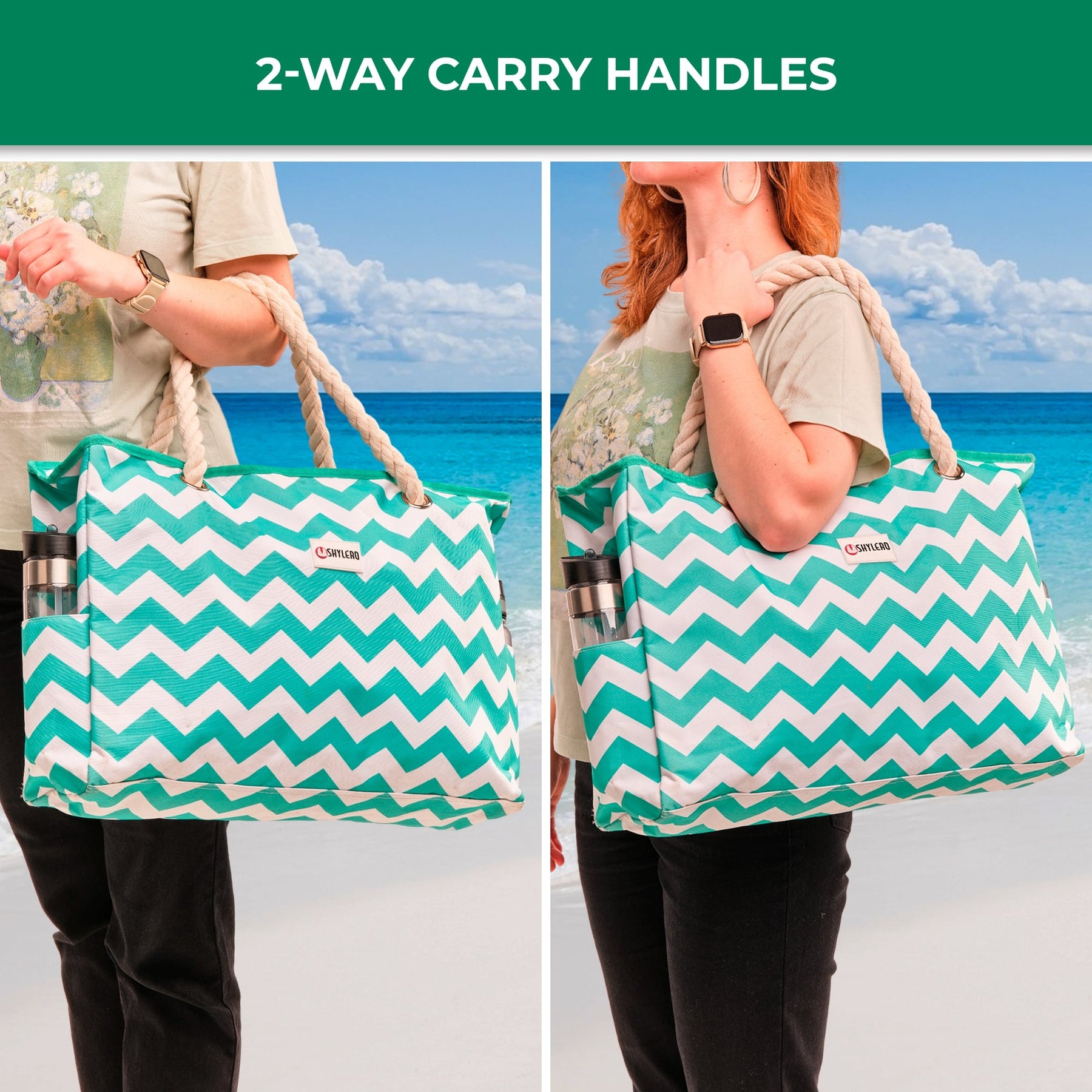 Beach Bag and Pool Bag | Water Repellent | Top YKK® Zip | Family Size | L22" x H15" x W6" | Turquoise Green Turtle