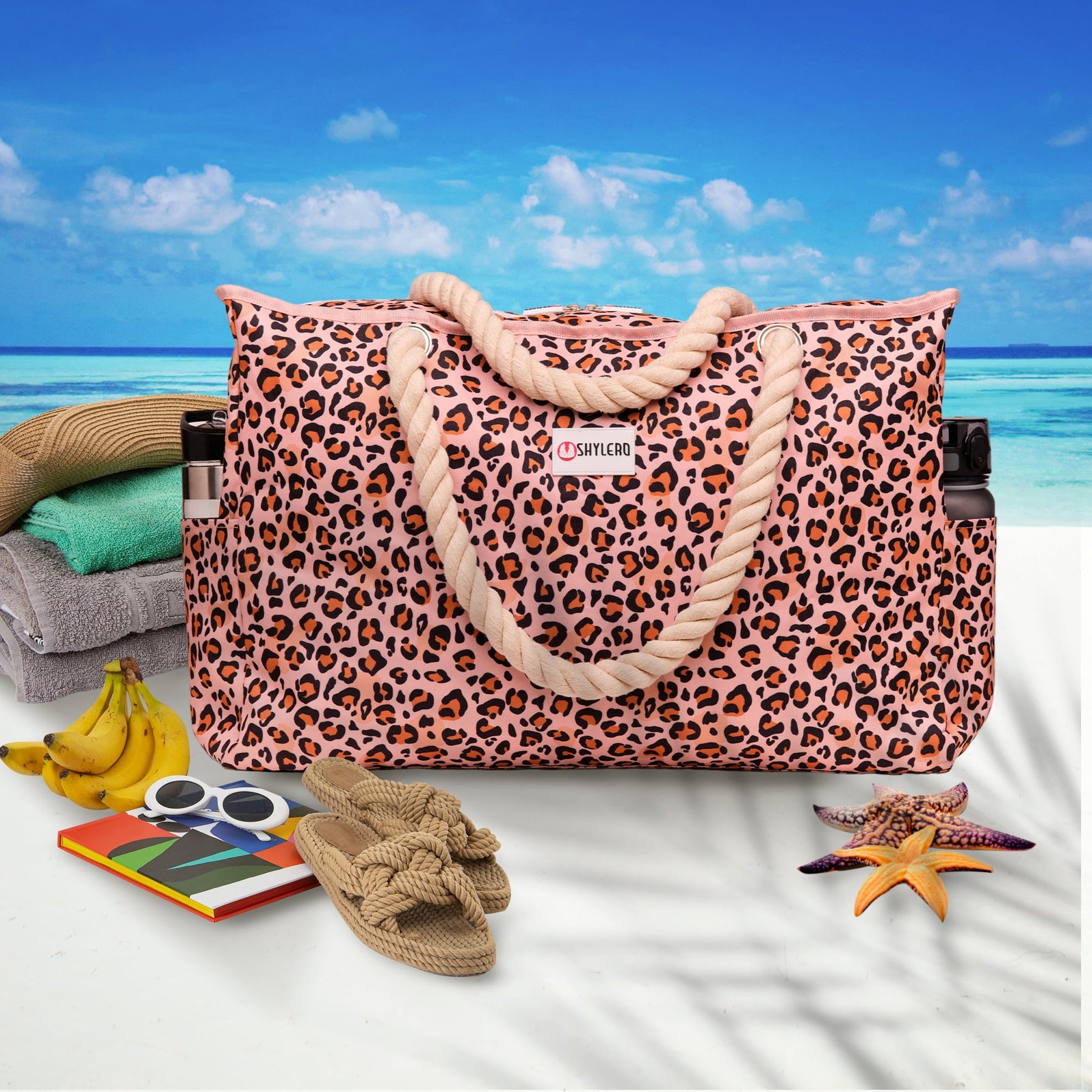 Beach Bag and Pool Bag | Water Repellent | Top YKK® Zip | Family Size | L22" x H15" x W6" | Leopard