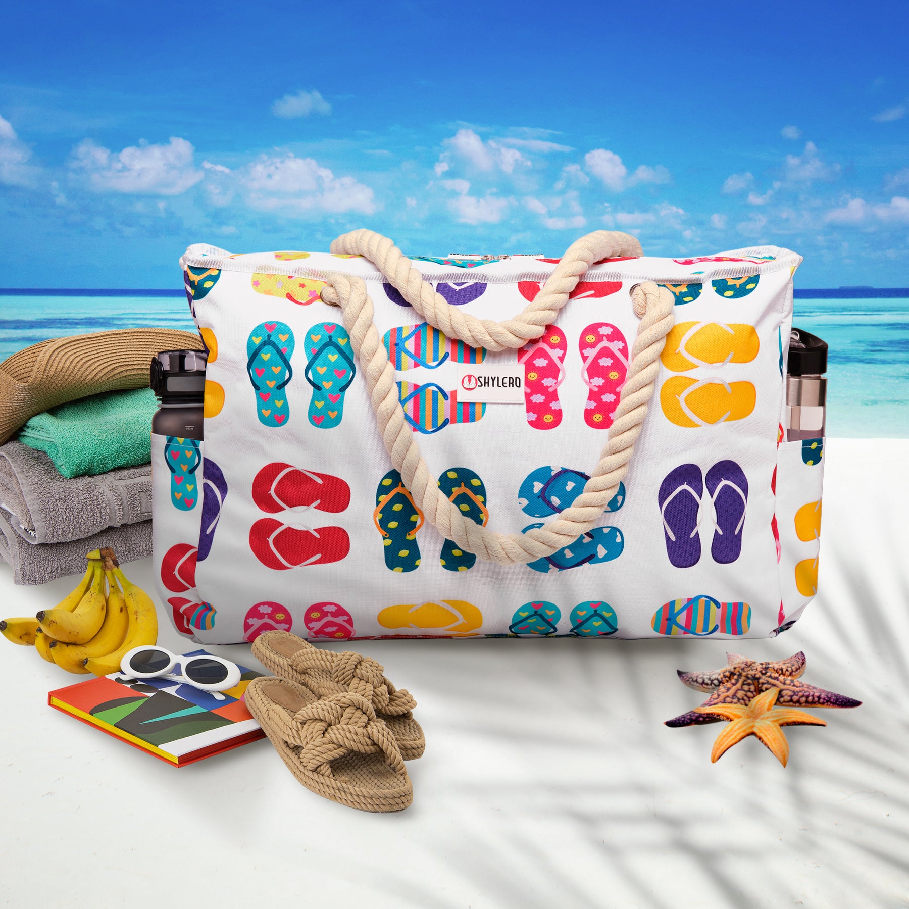 Beach Bag and Pool Bag | Water Repellent | Top YKK® Zip | Family Size | L22" x H15" x W6" | Funky Flip Flops