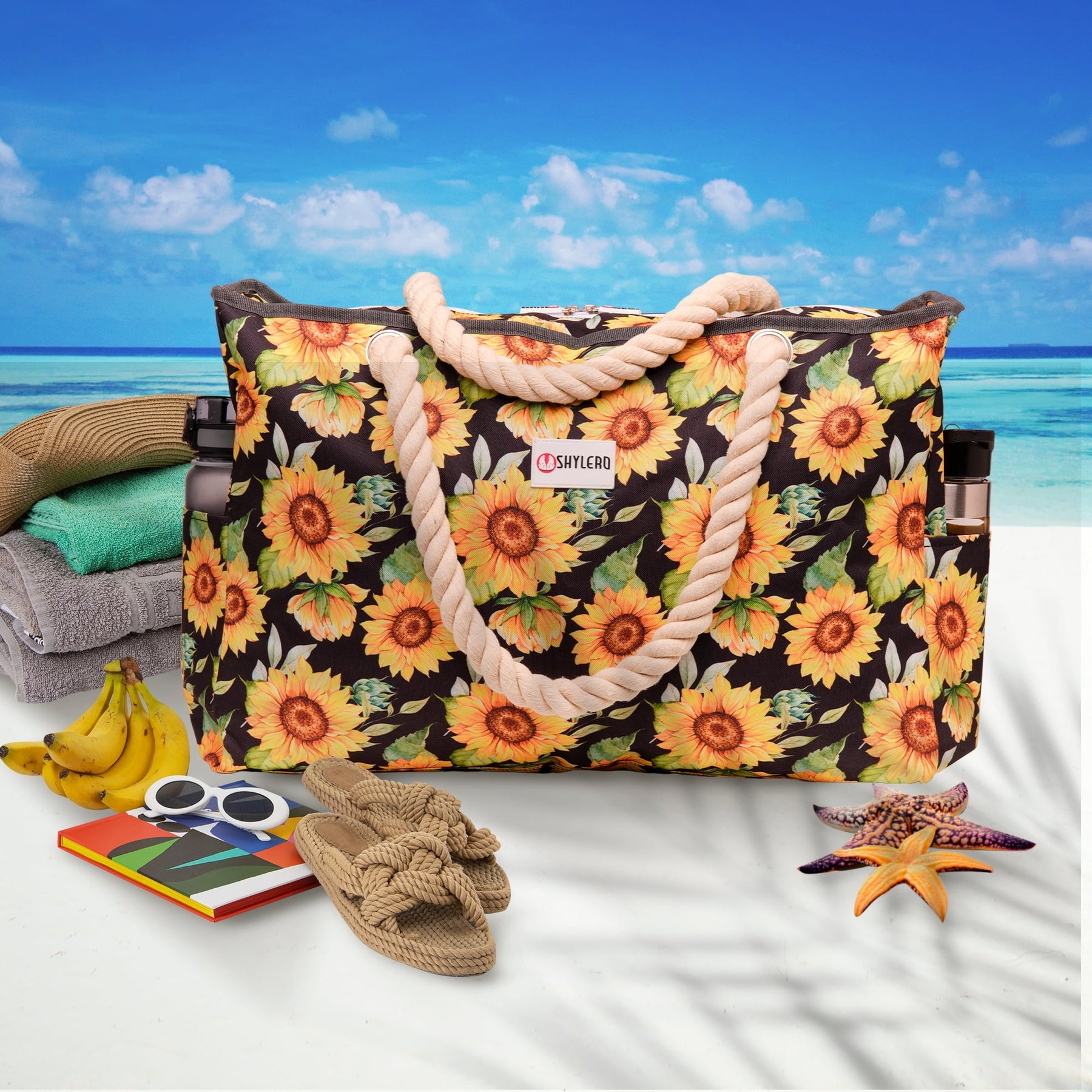 Beach Bag and Pool Bag | Water Repellent | Top YKK® Zip | Family Size | L22" x H15" x W6" | Blooming Sunflowers