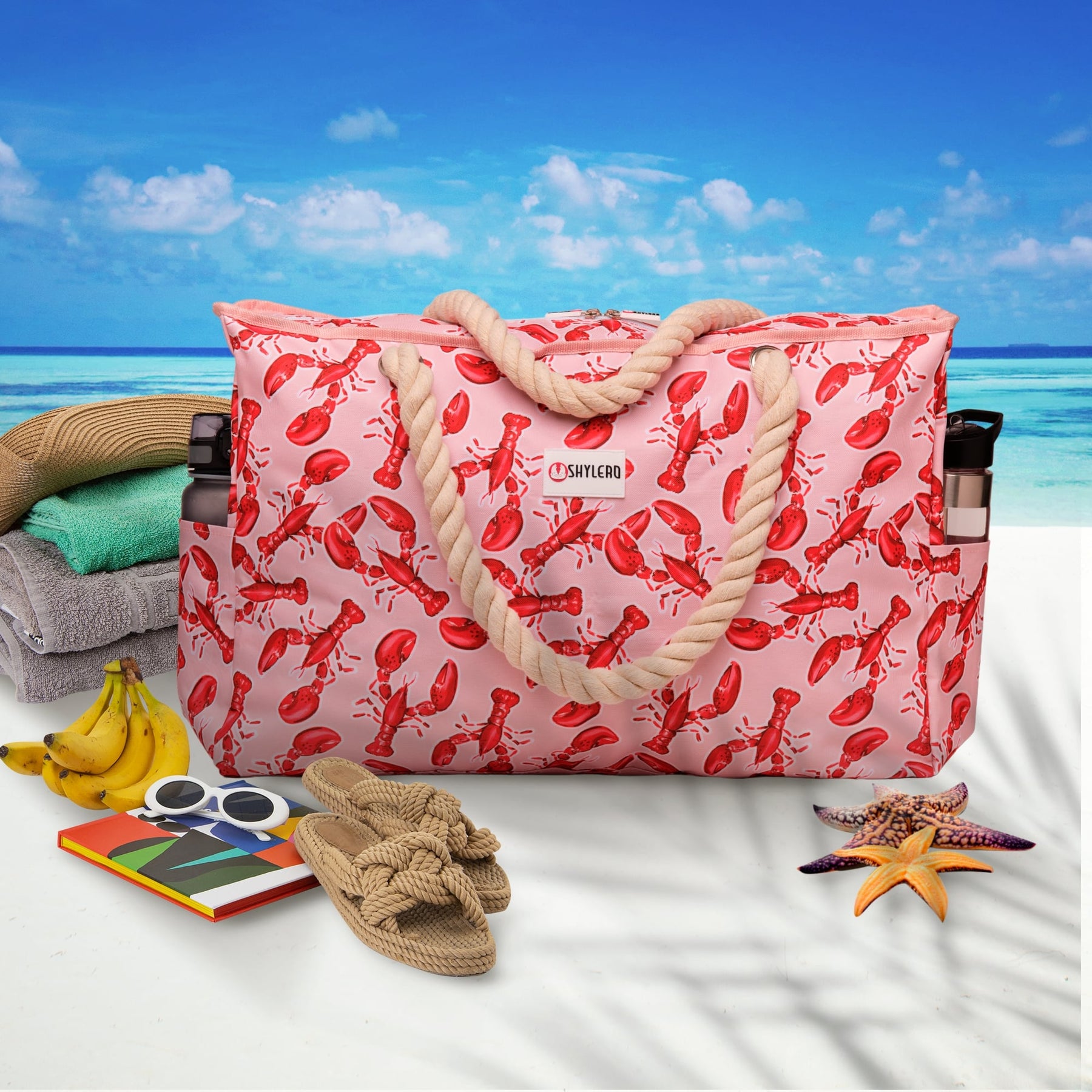 Beach Bag and Pool Bag | Water Repellent | Top YKK® Zip | Family Size | L22" x H15" x W6" | Lobsters