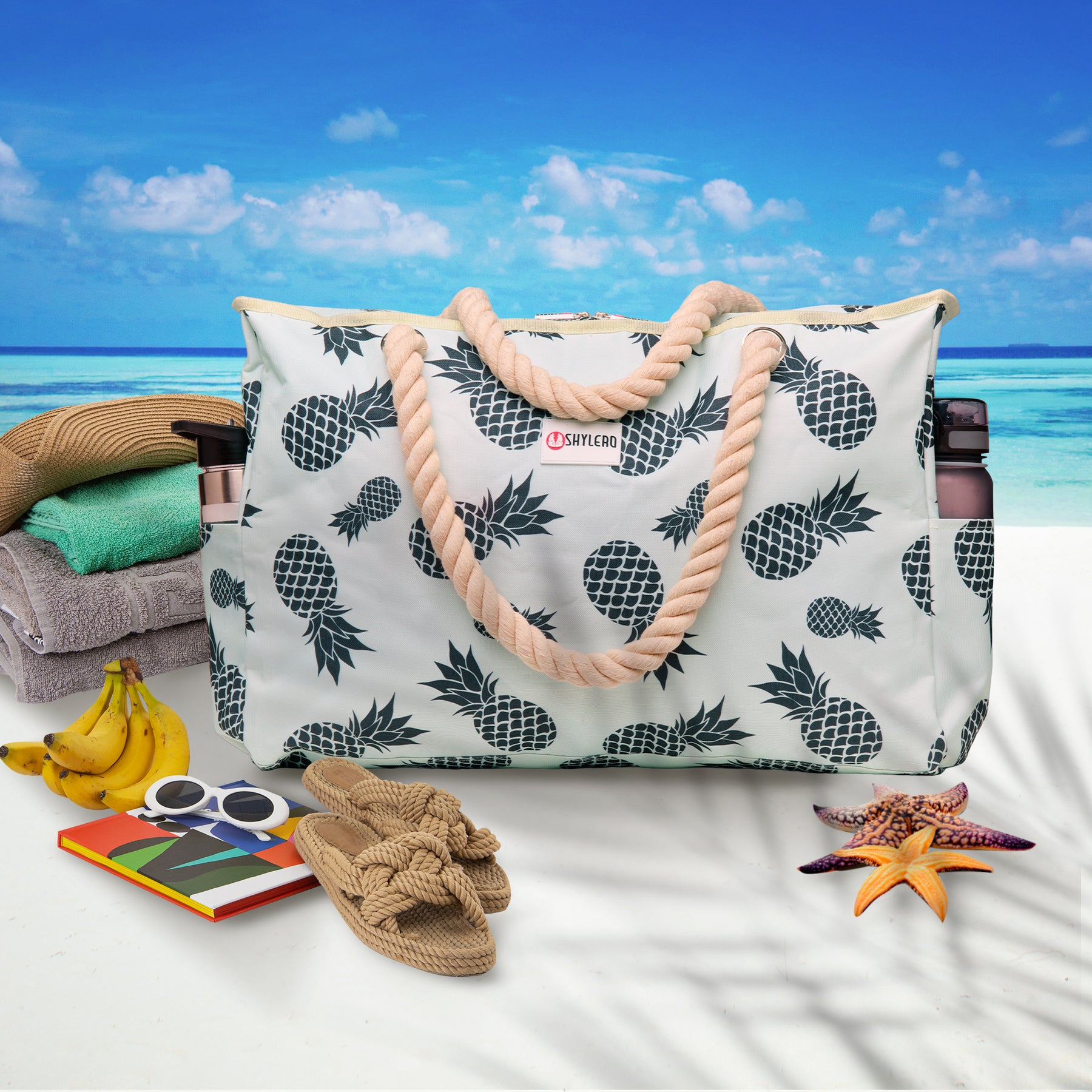 Beach Bag and Pool Bag | Water Repellent | Top YKK® Zip | Family Size | L22" x H15" x W6" | Green Pineapples