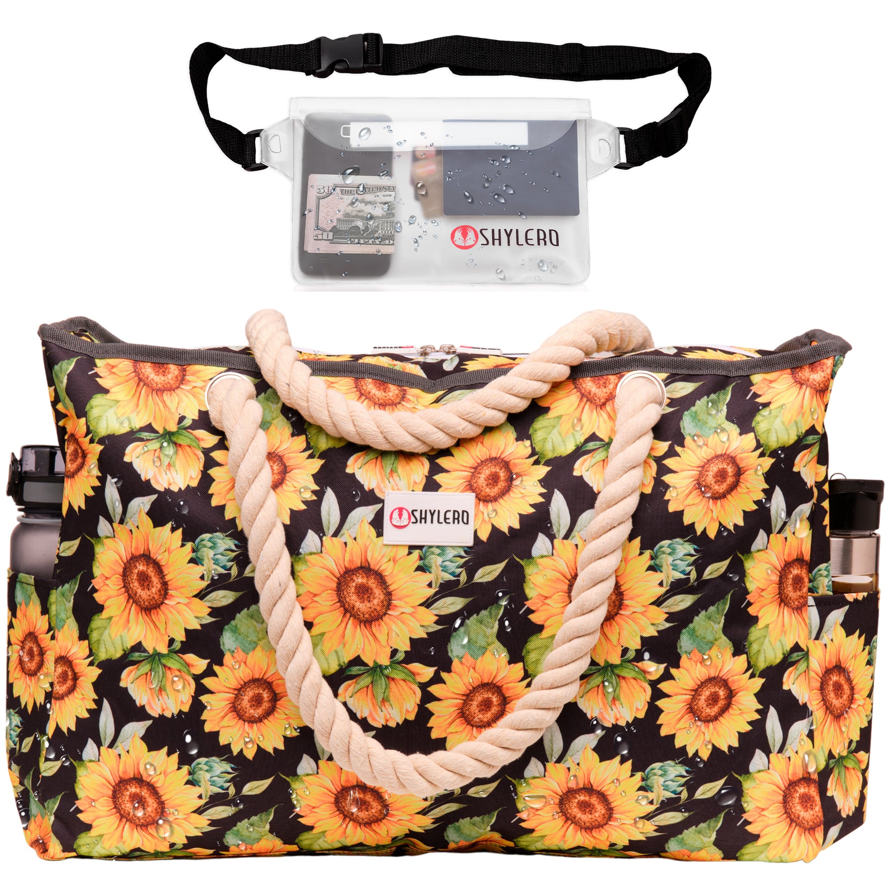 Beach Bag and Pool Bag | Water Repellent | Top YKK® Zip | Family Size | L22" x H15" x W6" | Blooming Sunflowers