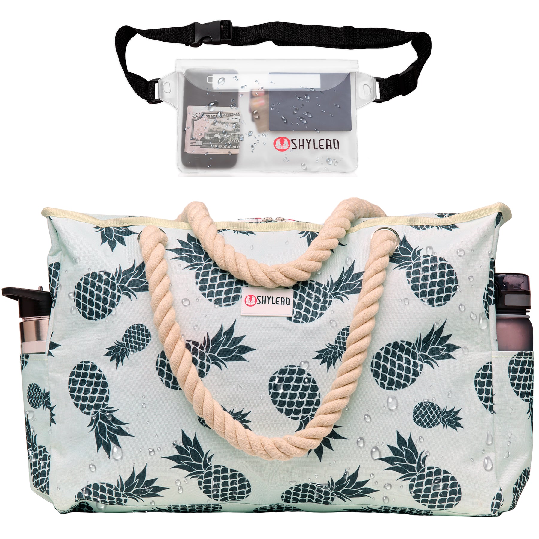 Beach Bag and Pool Bag | Water Repellent | Top YKK® Zip | Family Size | L22" x H15" x W6" | Green Pineapples