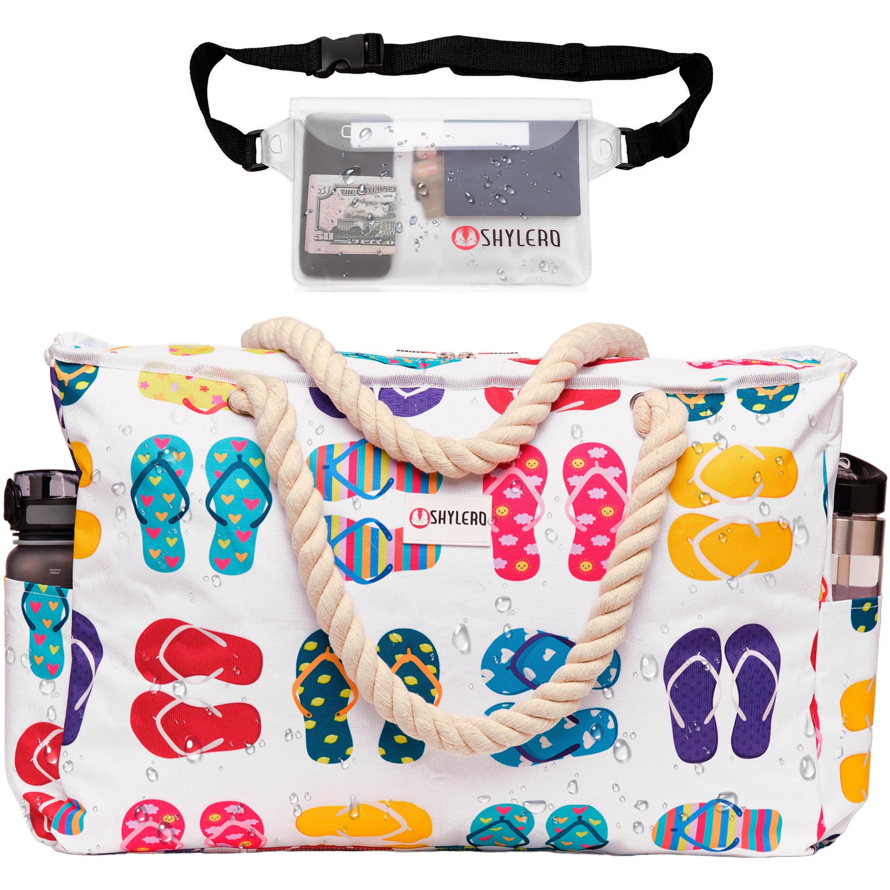 Beach Bag and Pool Bag | Water Repellent | Top YKK® Zip | Family Size | L22" x H15" x W6" | Funky Flip Flops