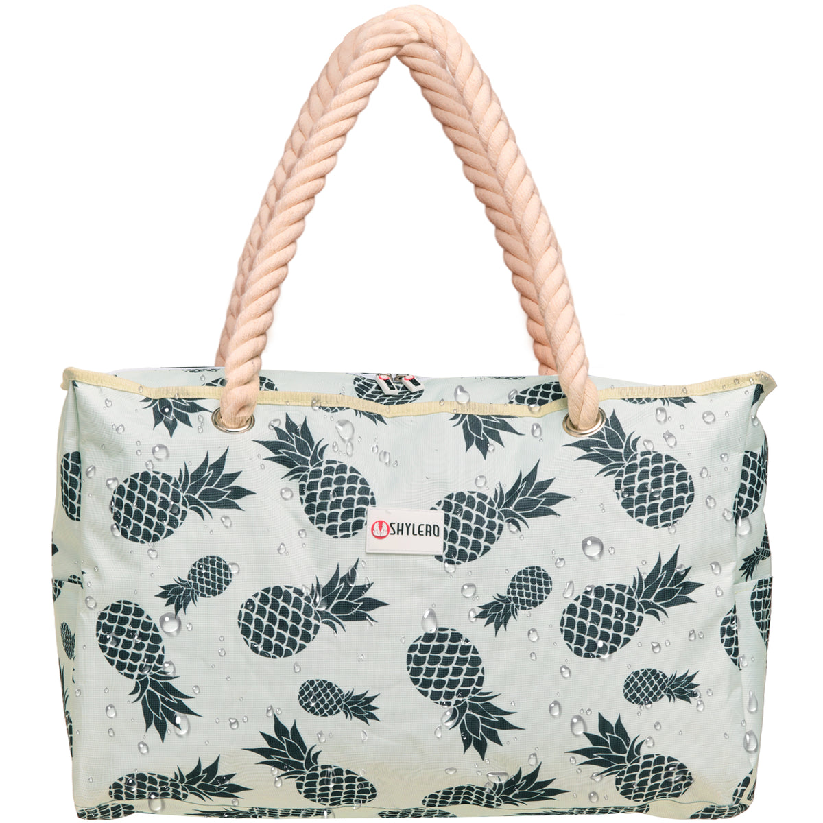 Beach Bag and Pool Bag | Water Repellent | Top YKK® Zip | Family Size | L22" x H15" x W6" | Green Pineapples