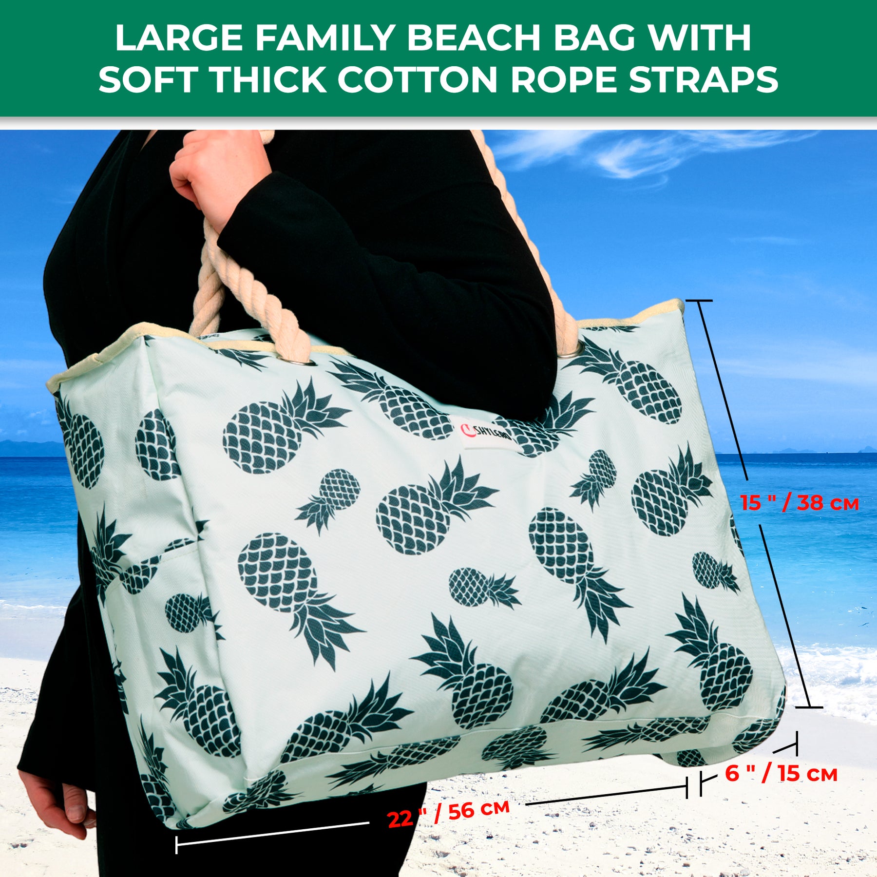 Beach Bag and Pool Bag | Water Repellent | Top YKK® Zip | Family Size | L22" x H15" x W6" | Green Pineapples