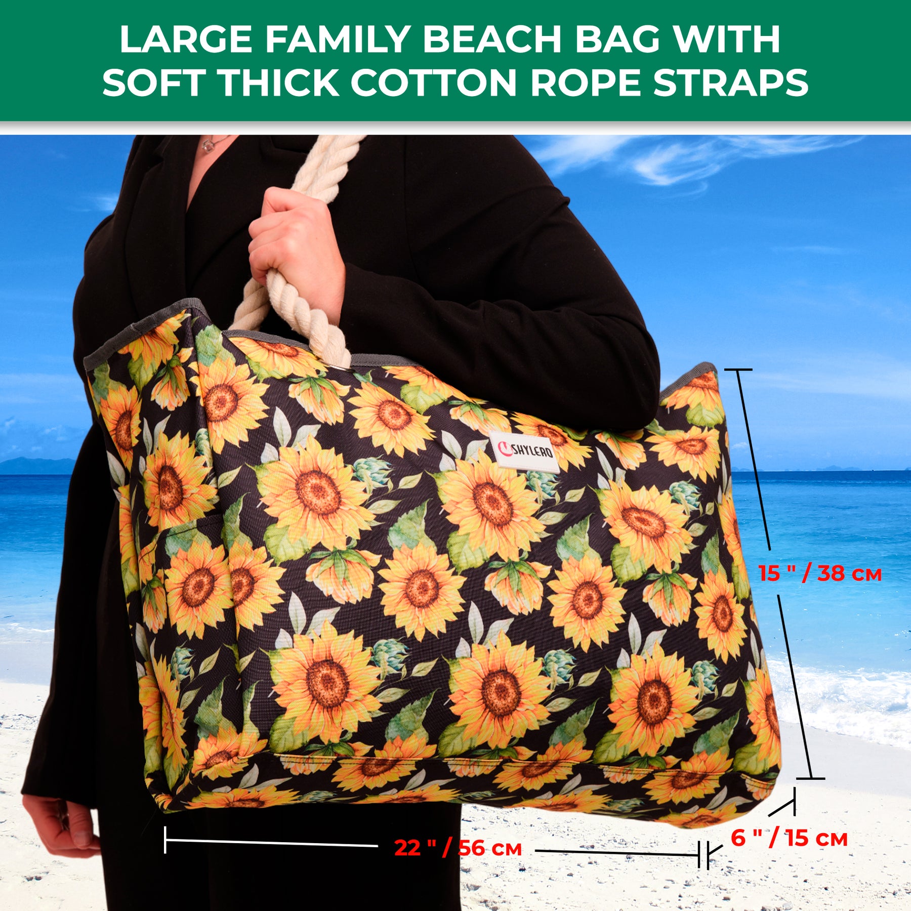 Beach Bag and Pool Bag | Water Repellent | Top YKK® Zip | Family Size | L22" x H15" x W6" | Blooming Sunflowers