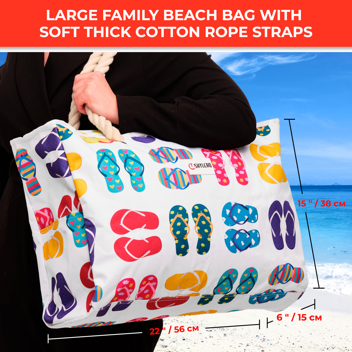 Beach Bag and Pool Bag | Water Repellent | Top YKK® Zip | Family Size | L22" x H15" x W6" | Funky Flip Flops