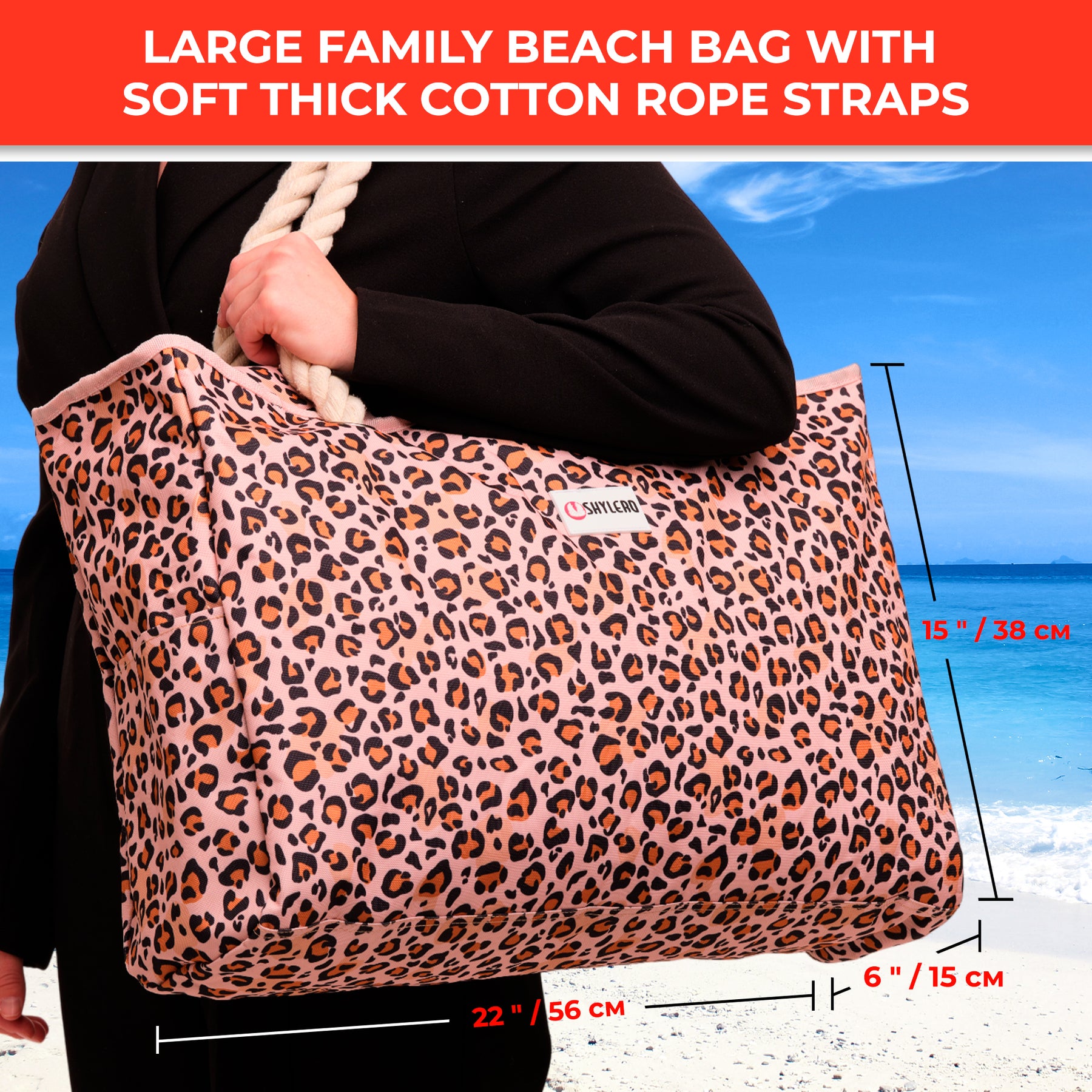 Beach Bag and Pool Bag | Water Repellent | Top YKK® Zip | Family Size | L22" x H15" x W6" | Leopard