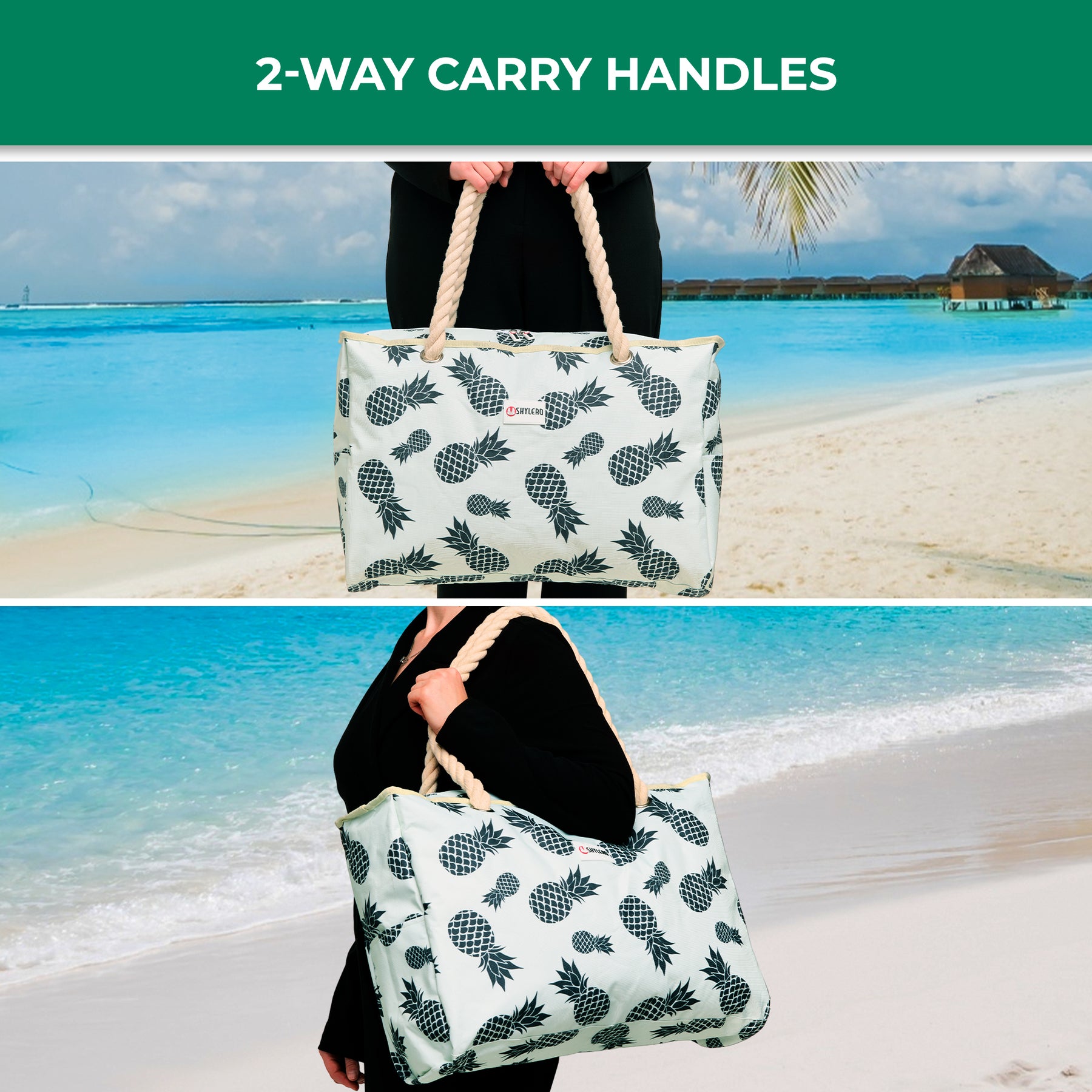 Beach Bag and Pool Bag | Water Repellent | Top YKK® Zip | Family Size | L22" x H15" x W6" | Green Pineapples