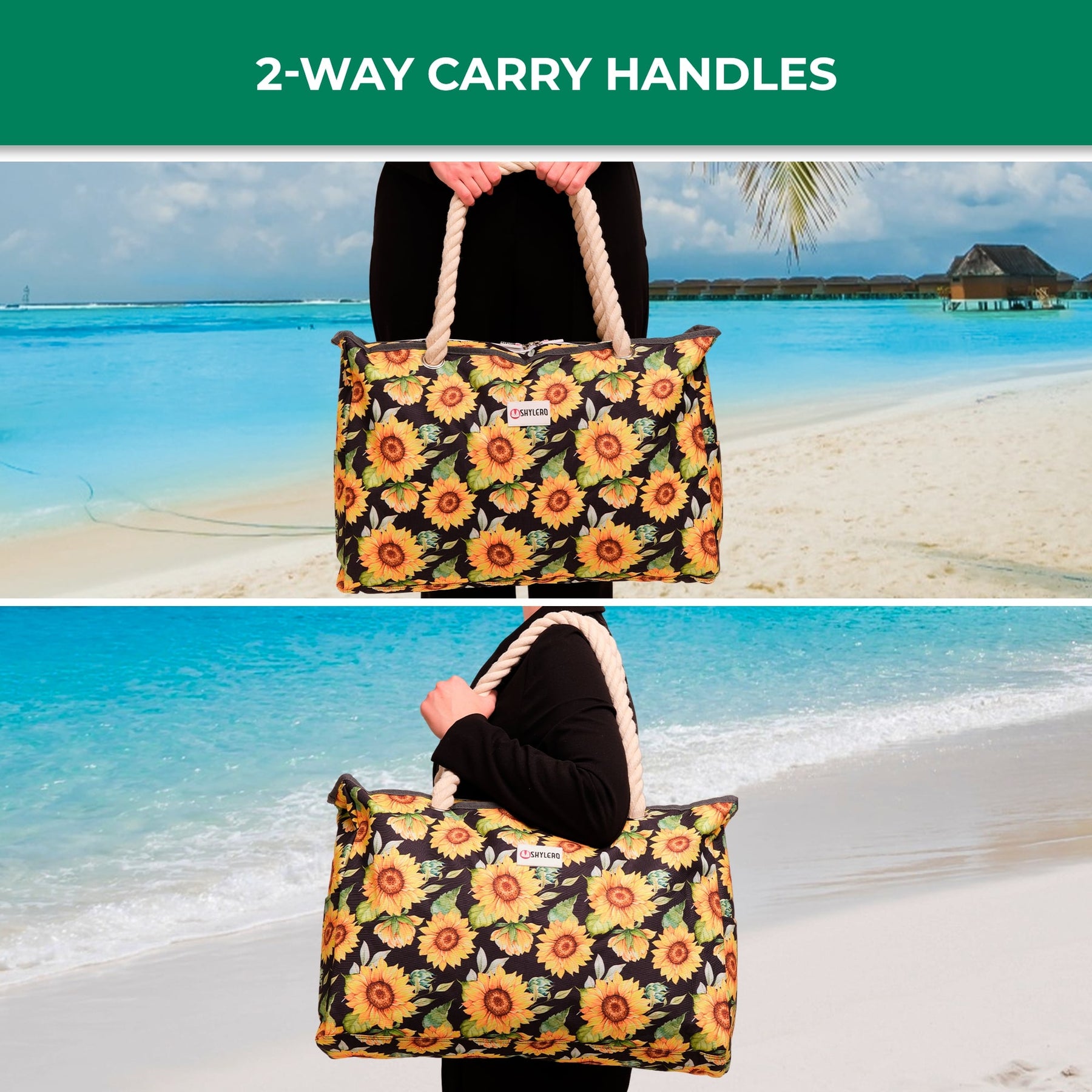 Beach Bag and Pool Bag | Water Repellent | Top YKK® Zip | Family Size | L22" x H15" x W6" | Blooming Sunflowers