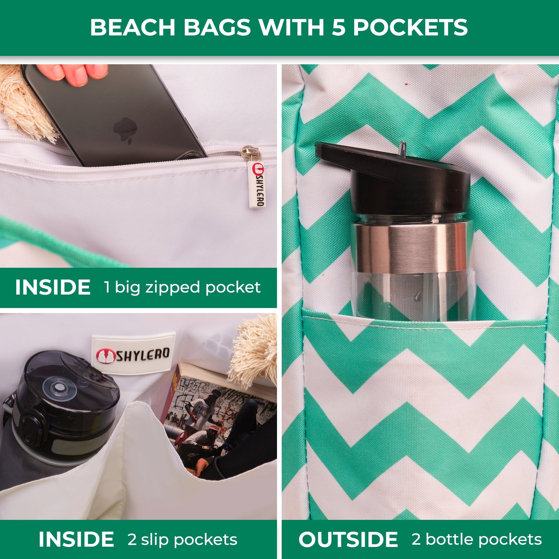 Beach Bag and Pool Bag | Water Repellent | Top YKK® Zip | Family Size | L22" x H15" x W6" | Turquoise Green Turtle