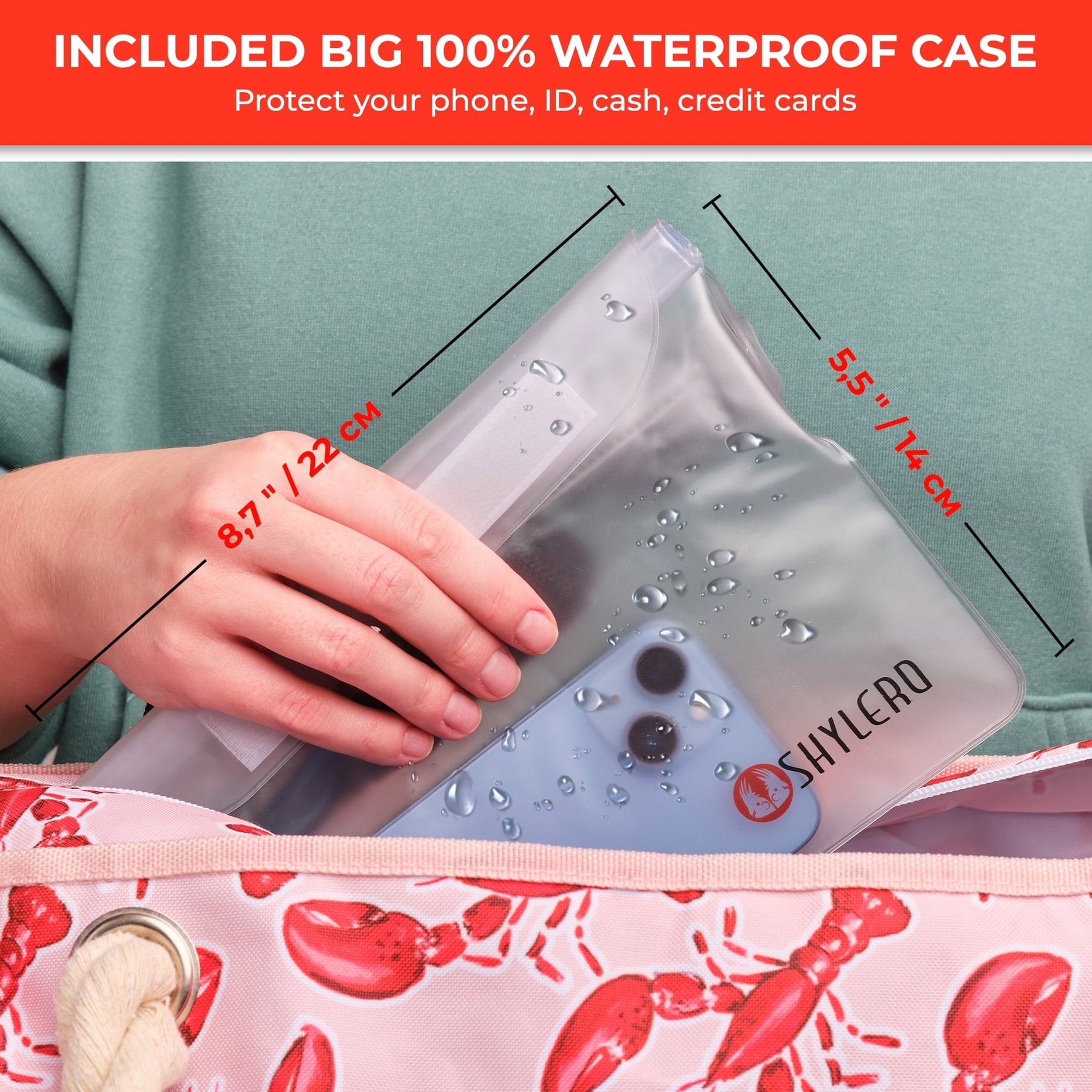Beach Bag and Pool Bag | Water Repellent | Top YKK® Zip | Family Size | L22" x H15" x W6" | Lobsters