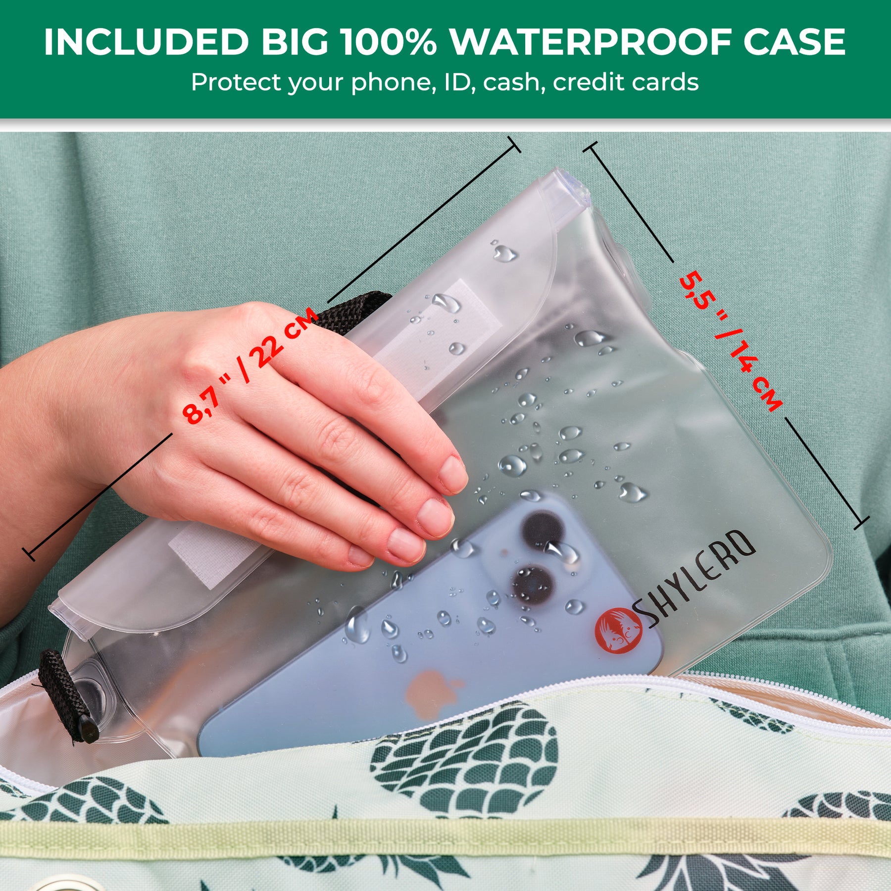 Beach Bag and Pool Bag | Water Repellent | Top YKK® Zip | Family Size | L22" x H15" x W6" | Green Pineapples