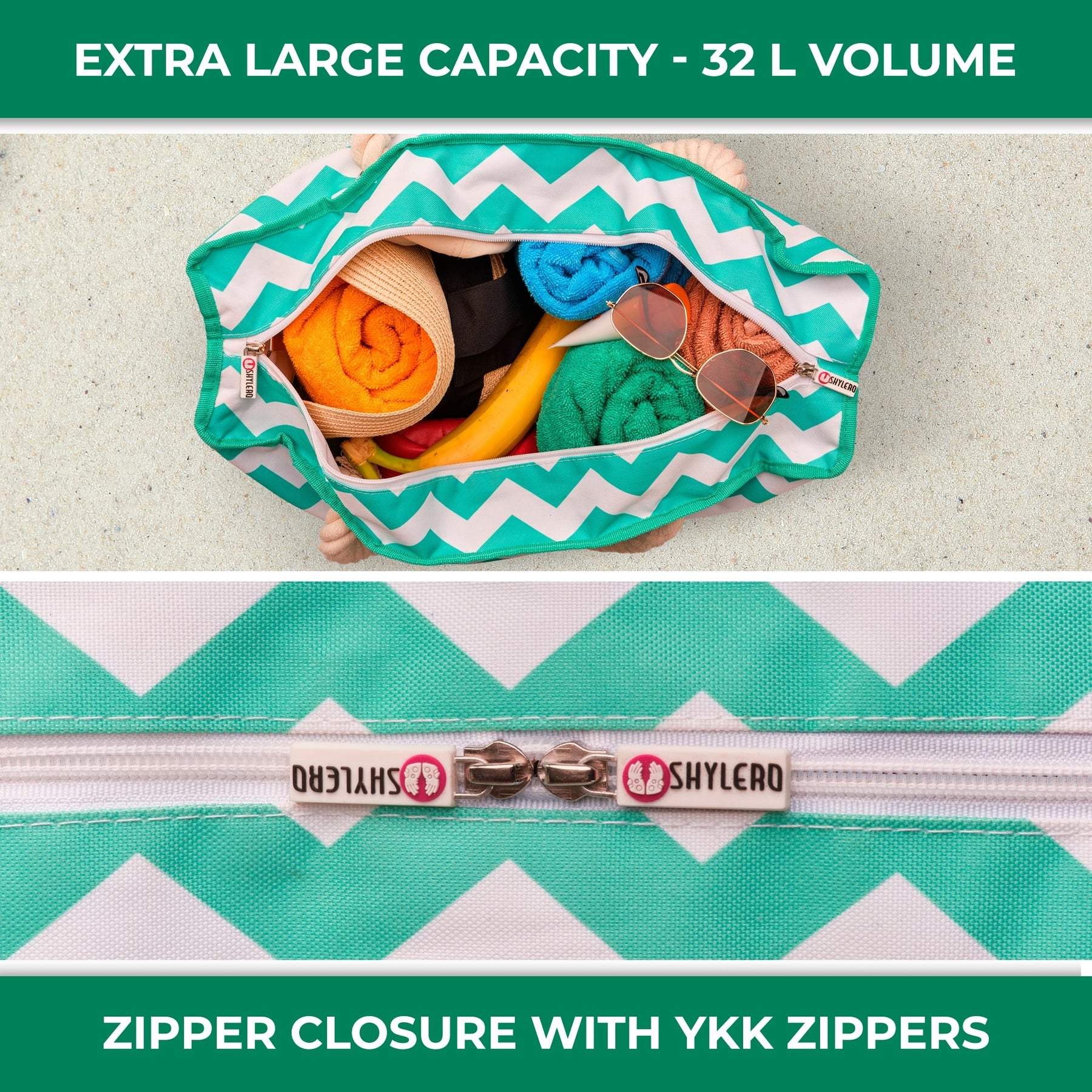 Beach Bag and Pool Bag | Water Repellent | Top YKK® Zip | Family Size | L22" x H15" x W6" | Turquoise Green Turtle