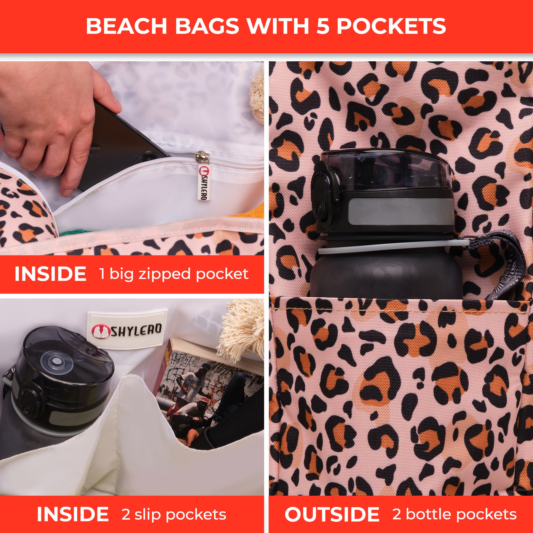 Beach Bag and Pool Bag | Water Repellent | Top YKK® Zip | Family Size | L22" x H15" x W6" | Leopard