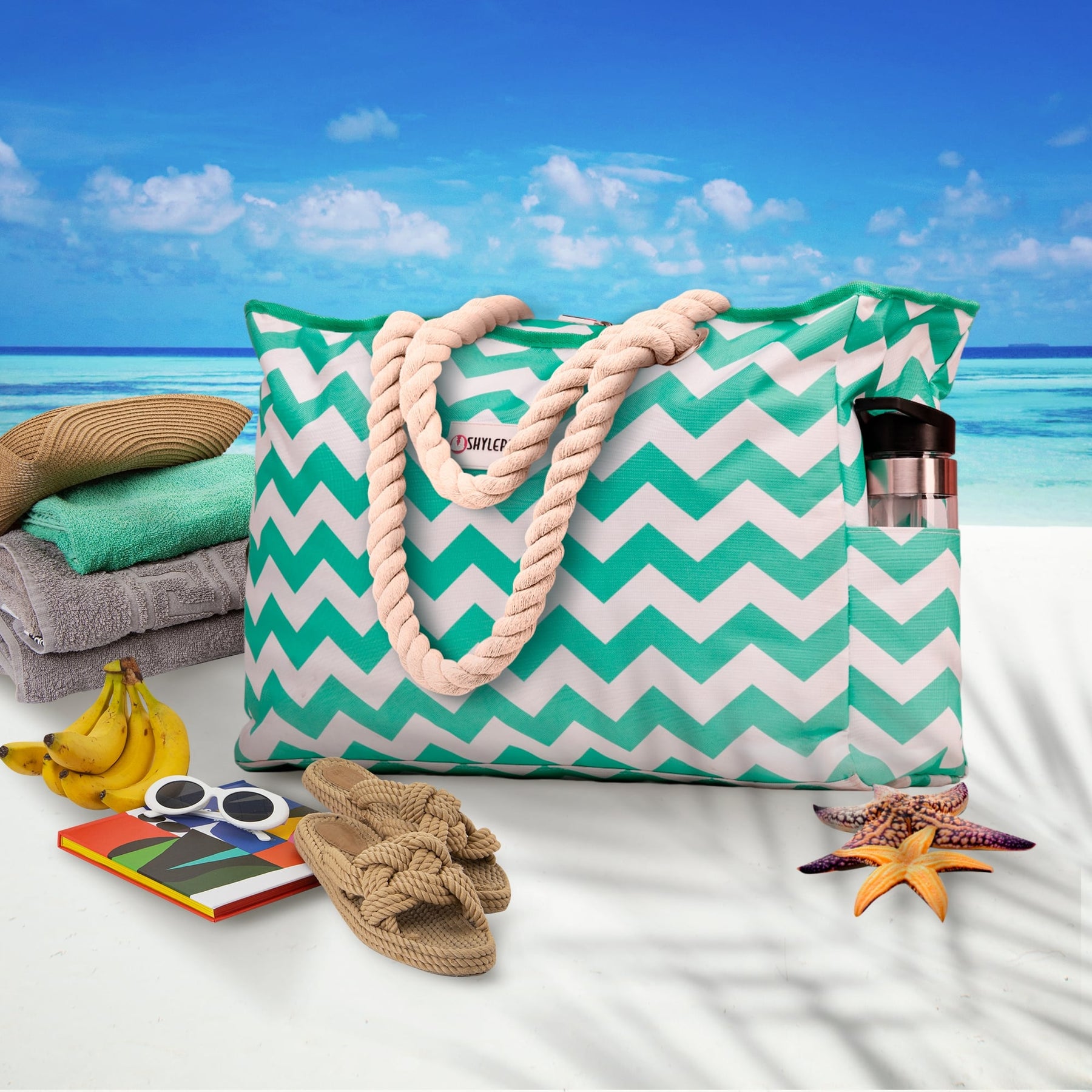 Beach Bag and Pool Bag | Water Repellent | Top YKK® Zip | Family Size | L22" x H15" x W6" | Turquoise Green Turtle