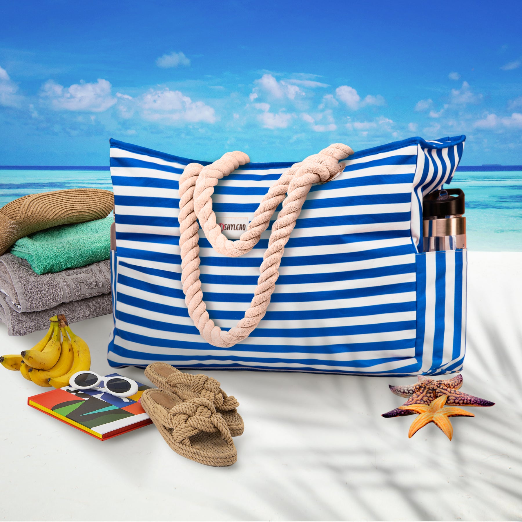 Beach Bag and Pool Bag | Water Repellent | Top YKK® Zip | Family Size | L22" x H15" x W6" | Bright Blue Lobster