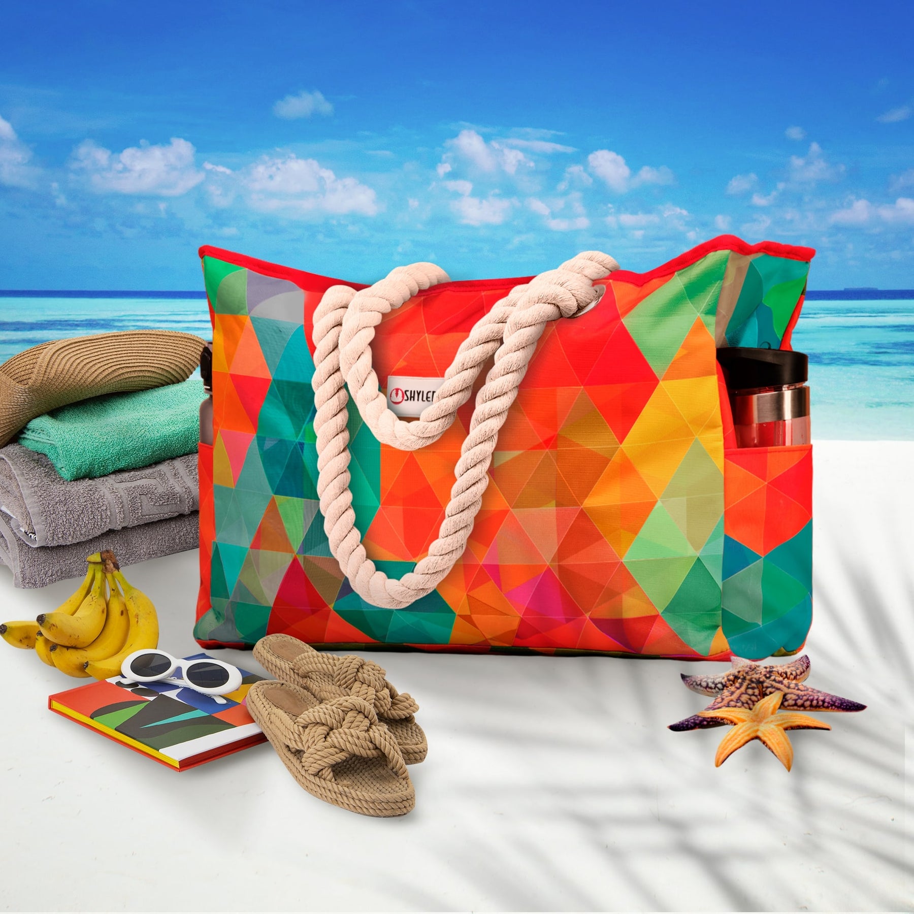 Beach Bag and Pool Bag | Water Repellent | Top YKK® Zip | Family Size | L22" x H15" x W6" | Colorful Starfish