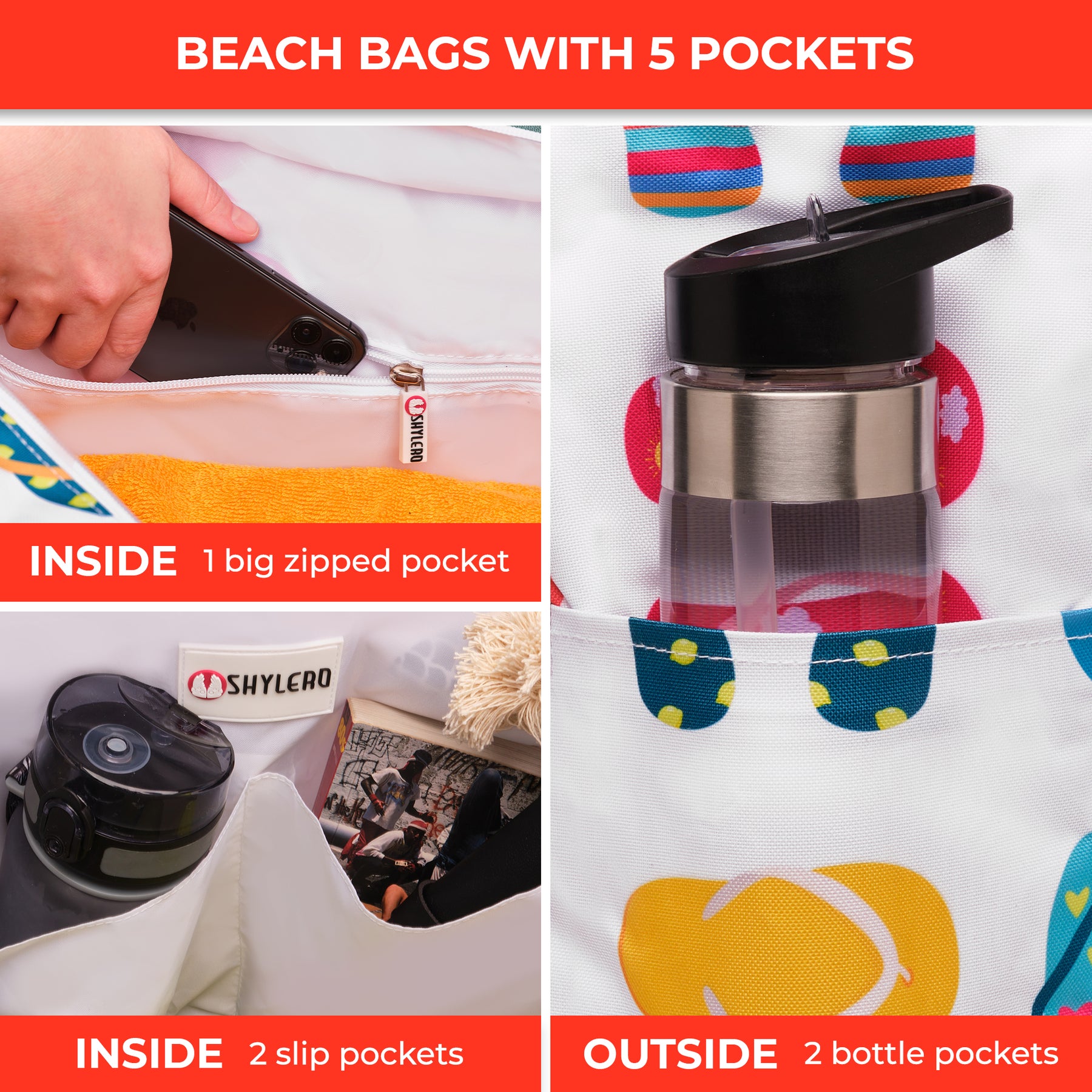 Beach Bag and Pool Bag | Water Repellent | Top YKK® Zip | Family Size | L22" x H15" x W6" | Funky Flip Flops