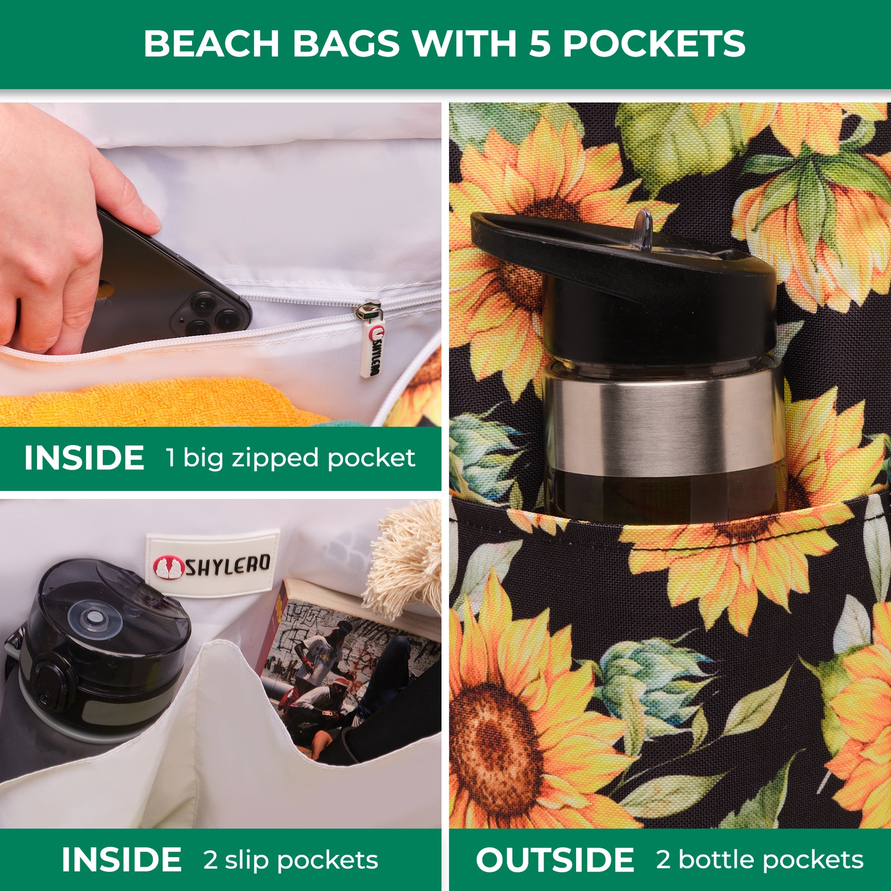 Beach Bag and Pool Bag | Water Repellent | Top YKK® Zip | Family Size | L22" x H15" x W6" | Blooming Sunflowers