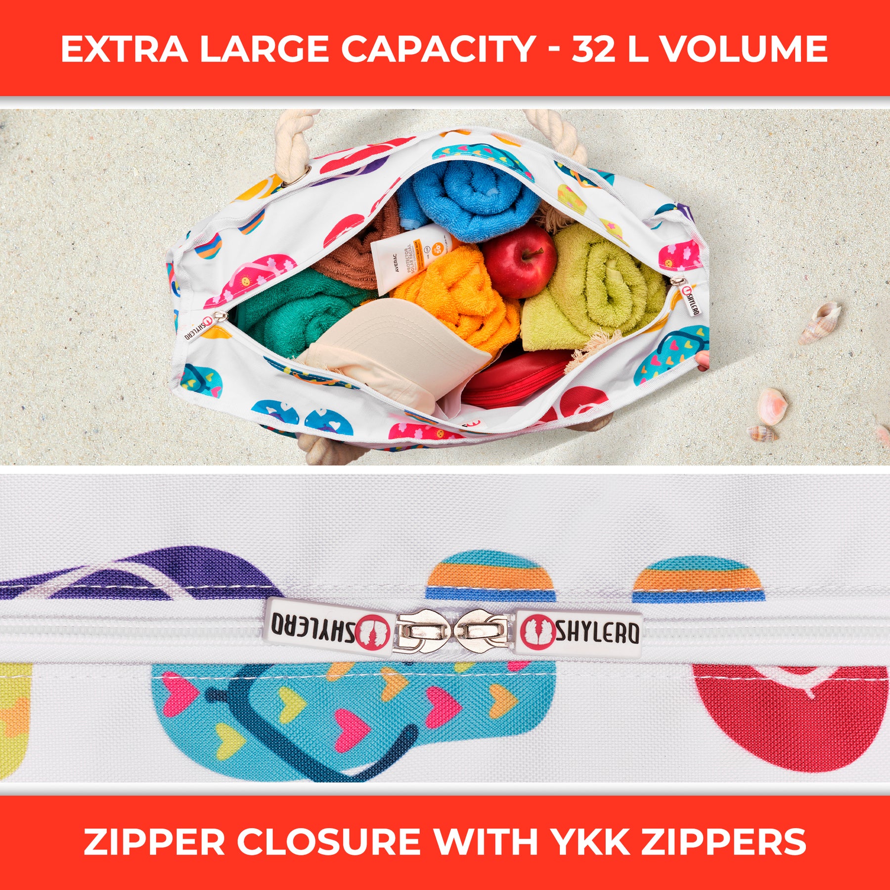Beach Bag and Pool Bag | Water Repellent | Top YKK® Zip | Family Size | L22" x H15" x W6" | Funky Flip Flops