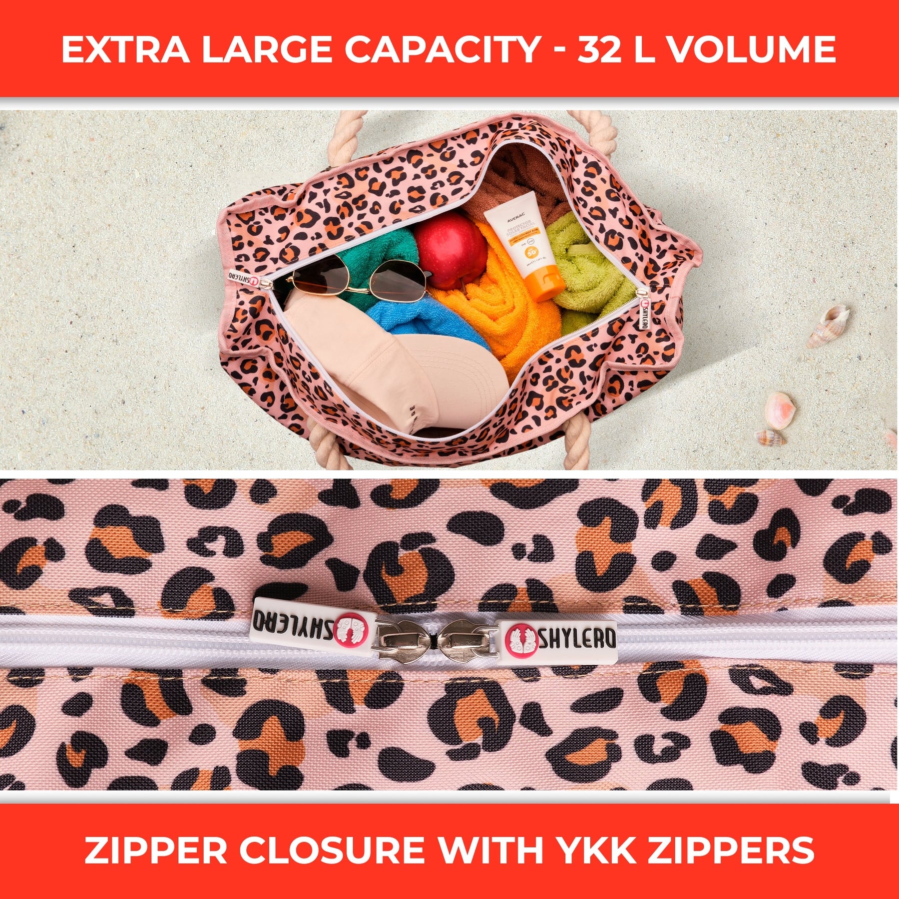 Beach Bag and Pool Bag | Water Repellent | Top YKK® Zip | Family Size | L22" x H15" x W6" | Leopard