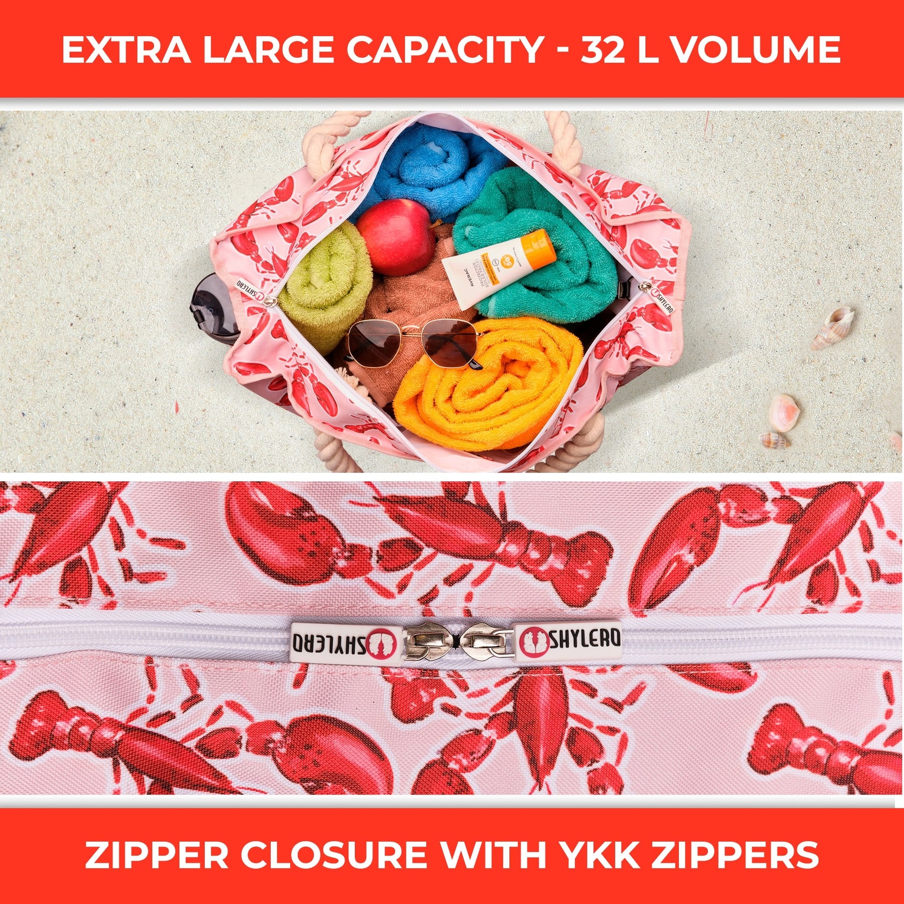 Beach Bag and Pool Bag | Water Repellent | Top YKK® Zip | Family Size | L22" x H15" x W6" | Lobsters