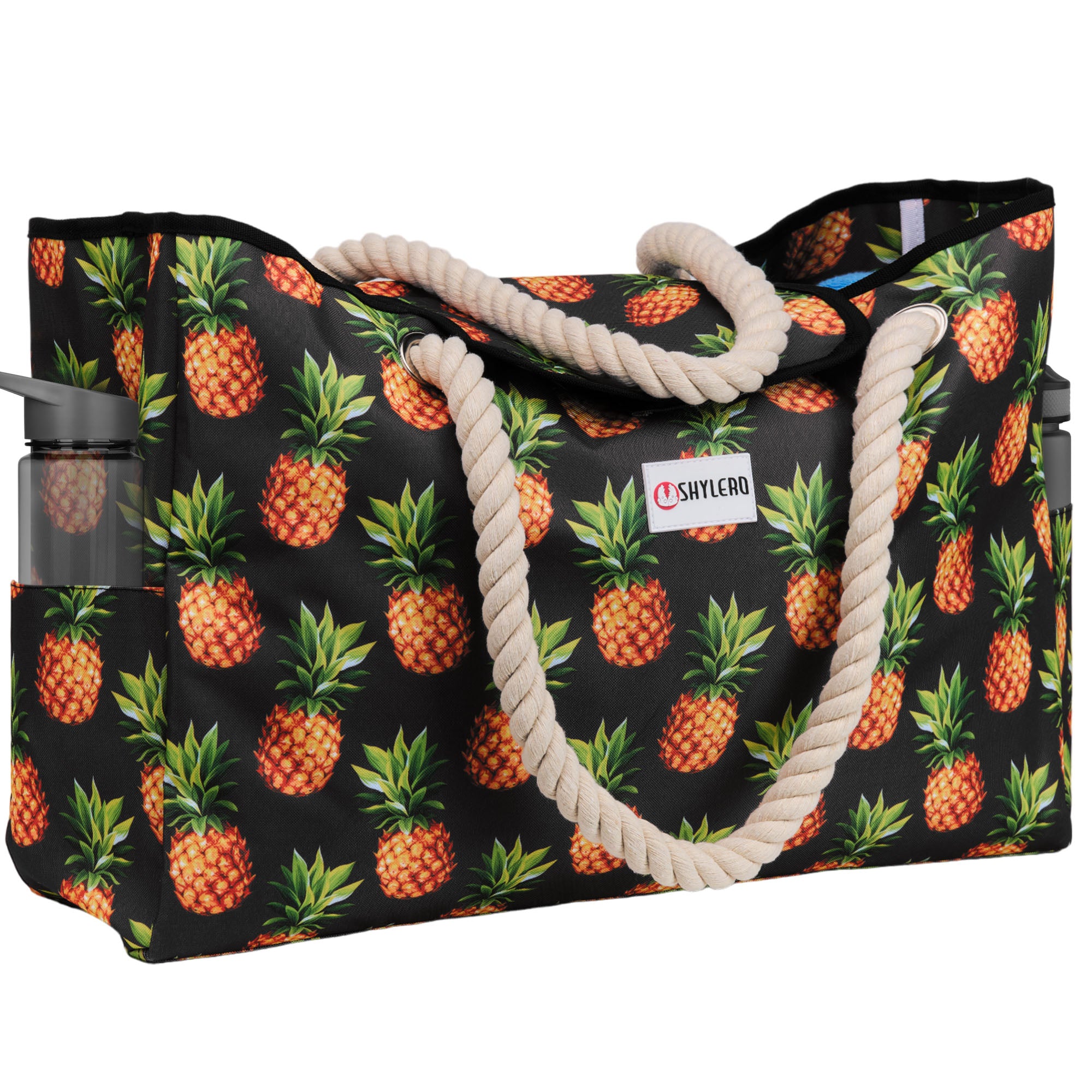 Beach Bag and Pool Bag | Water Repellent | Top Magnet | Family Size XXL | L22" x H15" x W6" | Black With Pineapples