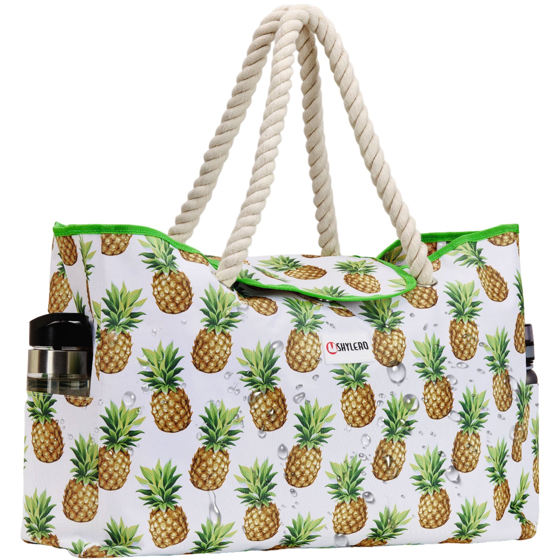 Beach Bag and Pool Bag | Water Repellent | Top Magnet | Family Size XXL | L22" x H15" x W6" | White With Pineapples