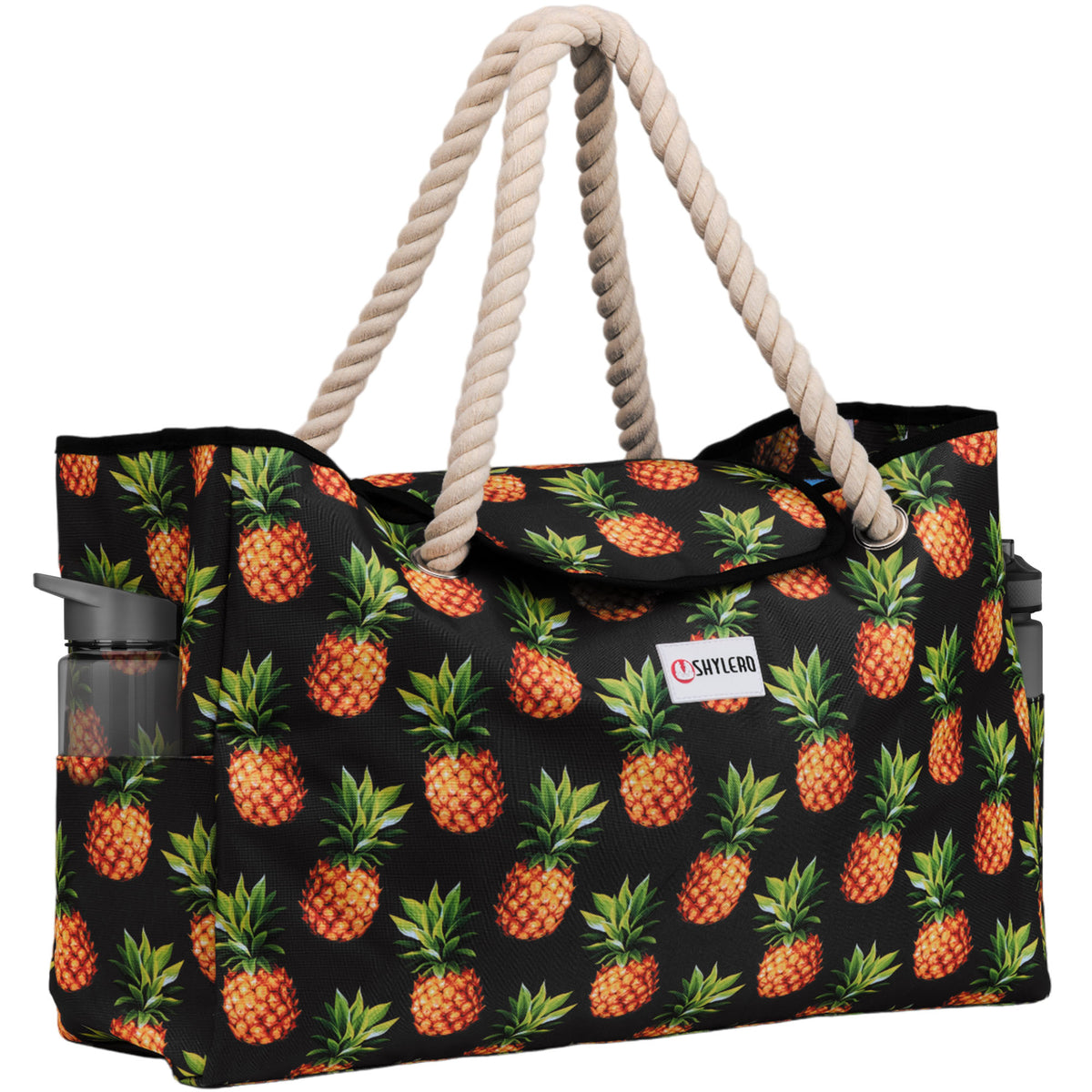 Beach Bag and Pool Bag | Water Repellent | Top Magnet | Family Size XXL | L22" x H15" x W6" | Black With Pineapples