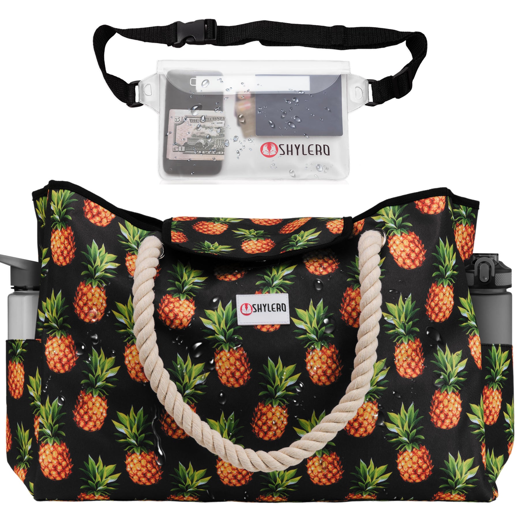 Beach Bag and Pool Bag | Water Repellent | Top Magnet | Family Size XXL | L22" x H15" x W6" | Black With Pineapples