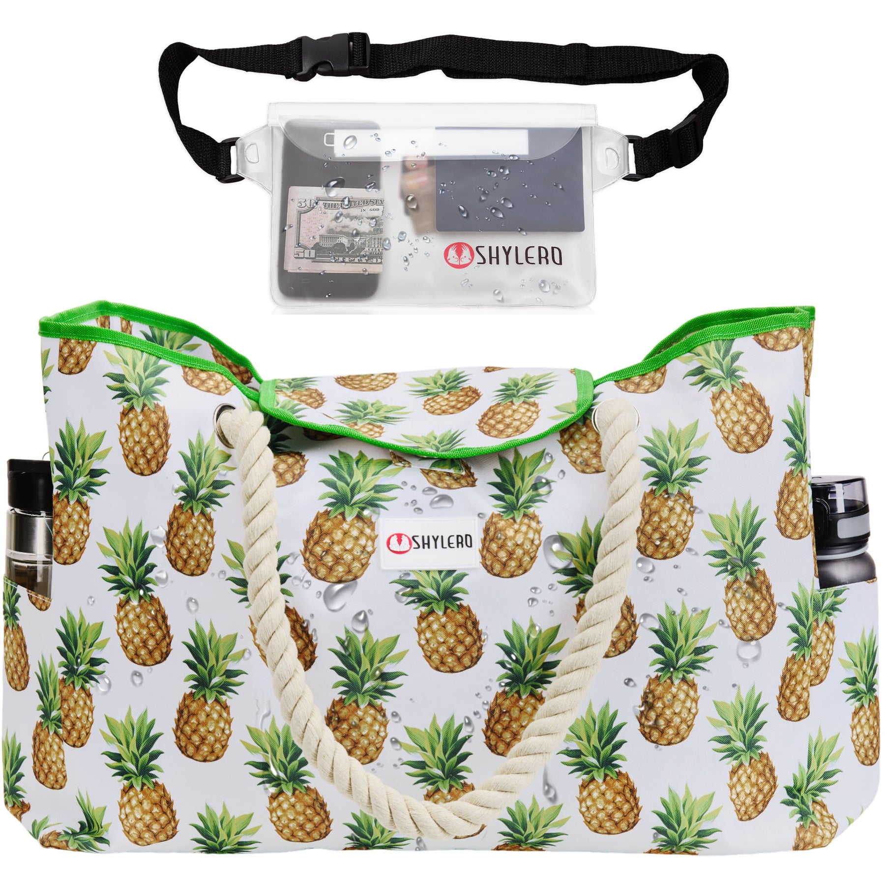 Beach Bag and Pool Bag | Water Repellent | Top Magnet | Family Size XXL | L22" x H15" x W6" | White With Pineapples