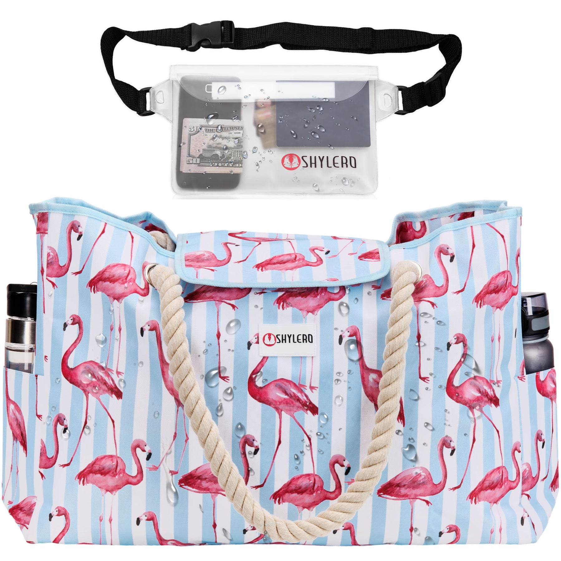 Beach Bag and Pool Bag | Water Repellent | Top Magnet | Family Size XXL | L22" x H15" x W6" | Pink Flamingo