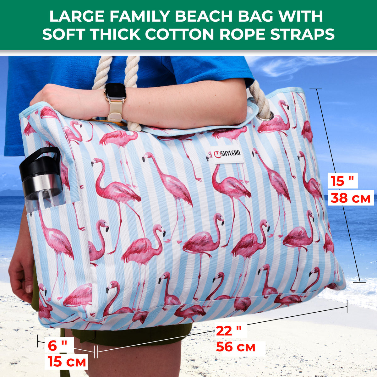 Beach Bag and Pool Bag | Water Repellent | Top Magnet | Family Size XXL | L22" x H15" x W6" | Pink Flamingo