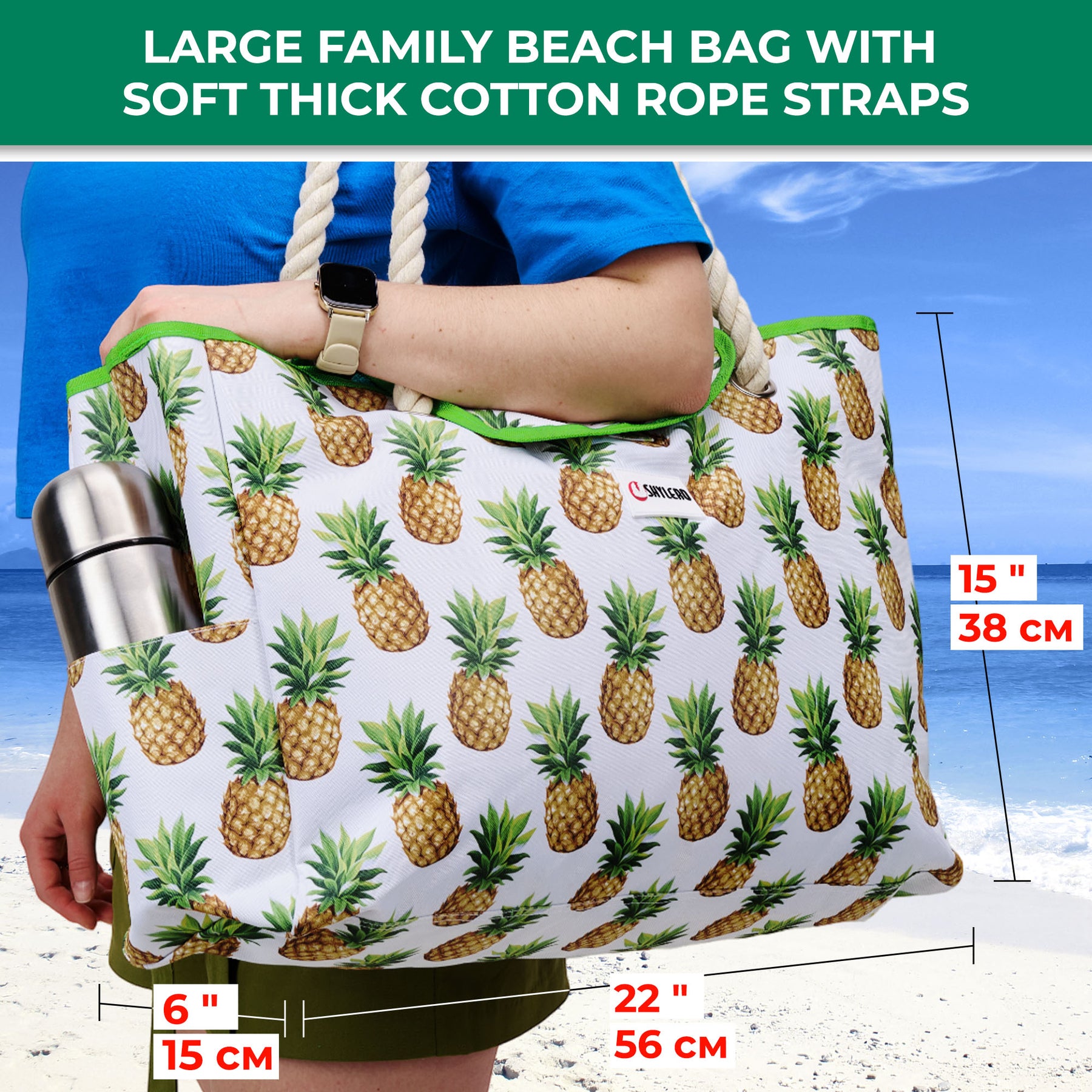 Beach Bag and Pool Bag | Water Repellent | Top Magnet | Family Size XXL | L22" x H15" x W6" | White With Pineapples
