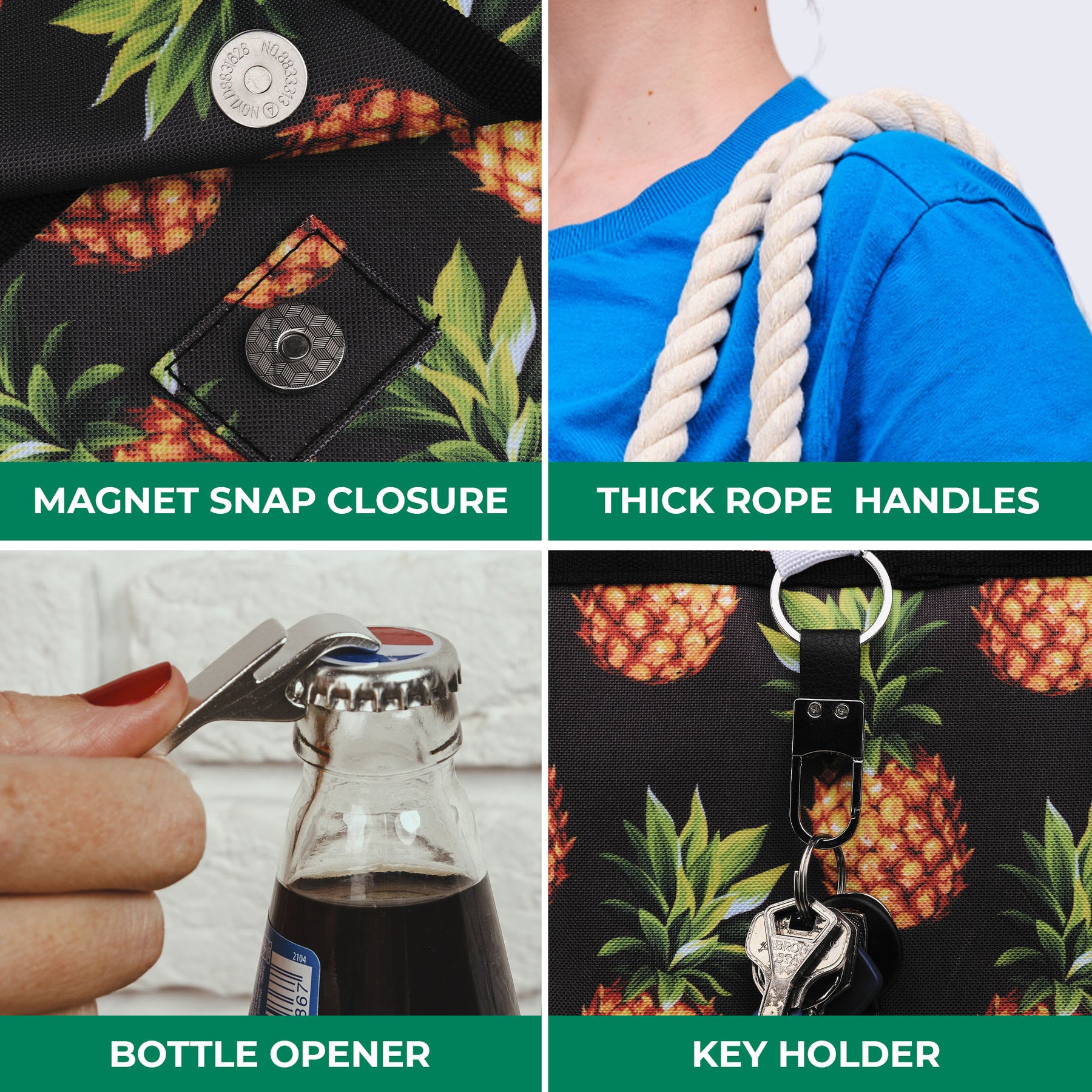Beach Bag and Pool Bag | Water Repellent | Top Magnet | Family Size XXL | L22" x H15" x W6" | Black With Pineapples
