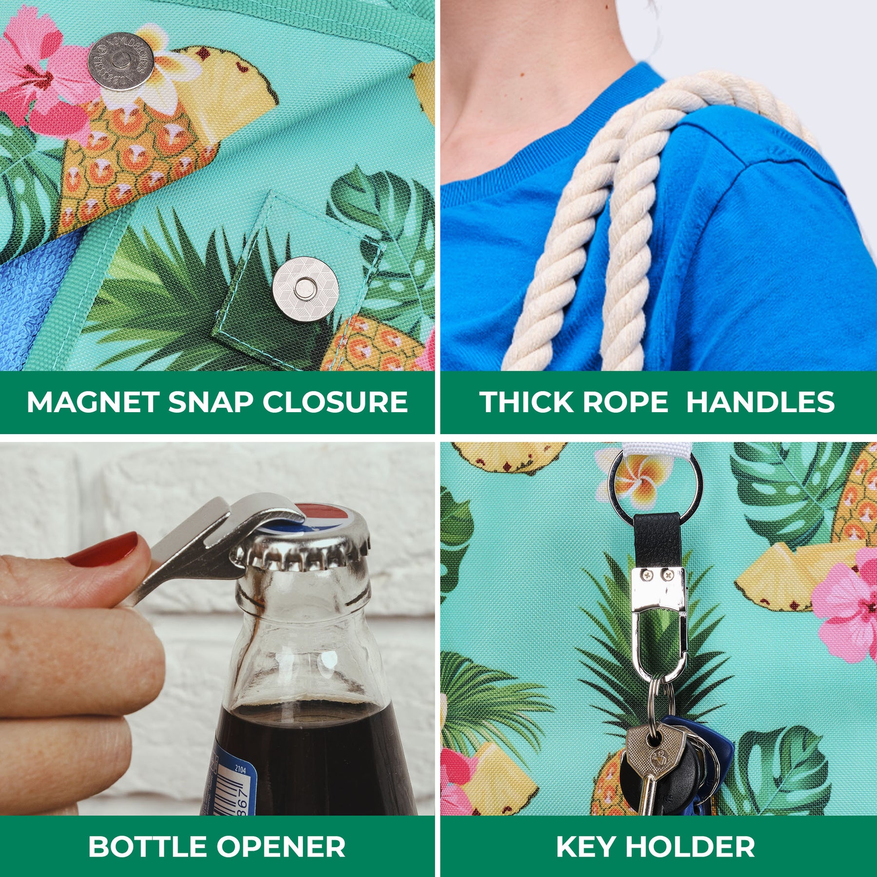Beach Bag and Pool Bag | Water Repellent | Top Magnet | Family Size XXL | L22" x H15" x W6" | Tropical Fruits