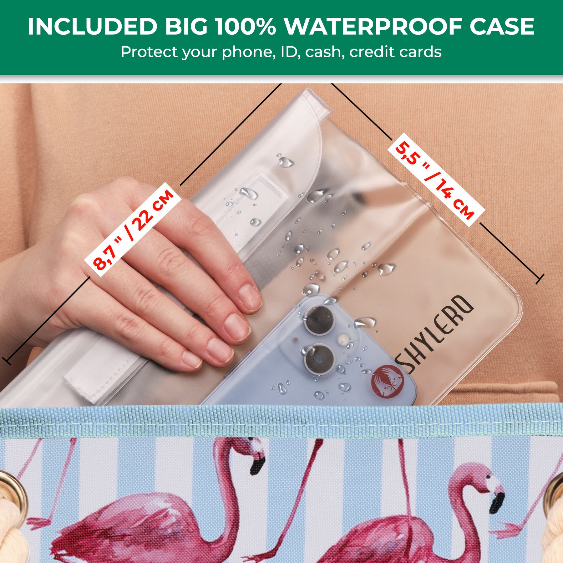 Beach Bag and Pool Bag | Water Repellent | Top Magnet | Family Size XXL | L22" x H15" x W6" | Pink Flamingo