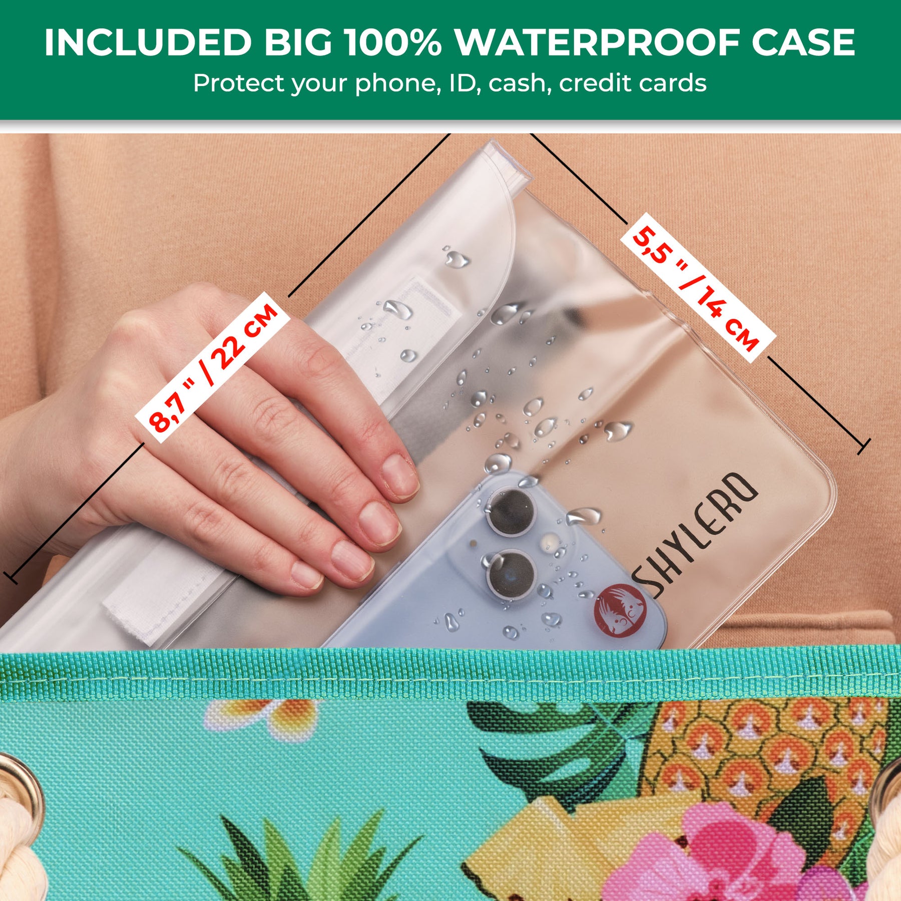 Beach Bag and Pool Bag | Water Repellent | Top Magnet | Family Size XXL | L22" x H15" x W6" | Tropical Fruits