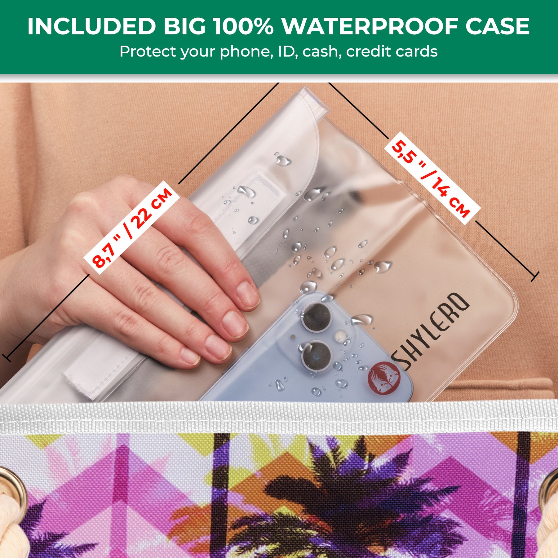 Beach Bag and Pool Bag | Water Repellent | Top Magnet | Family Size XXL | L22" x H15" x W6" | Summer Sunset