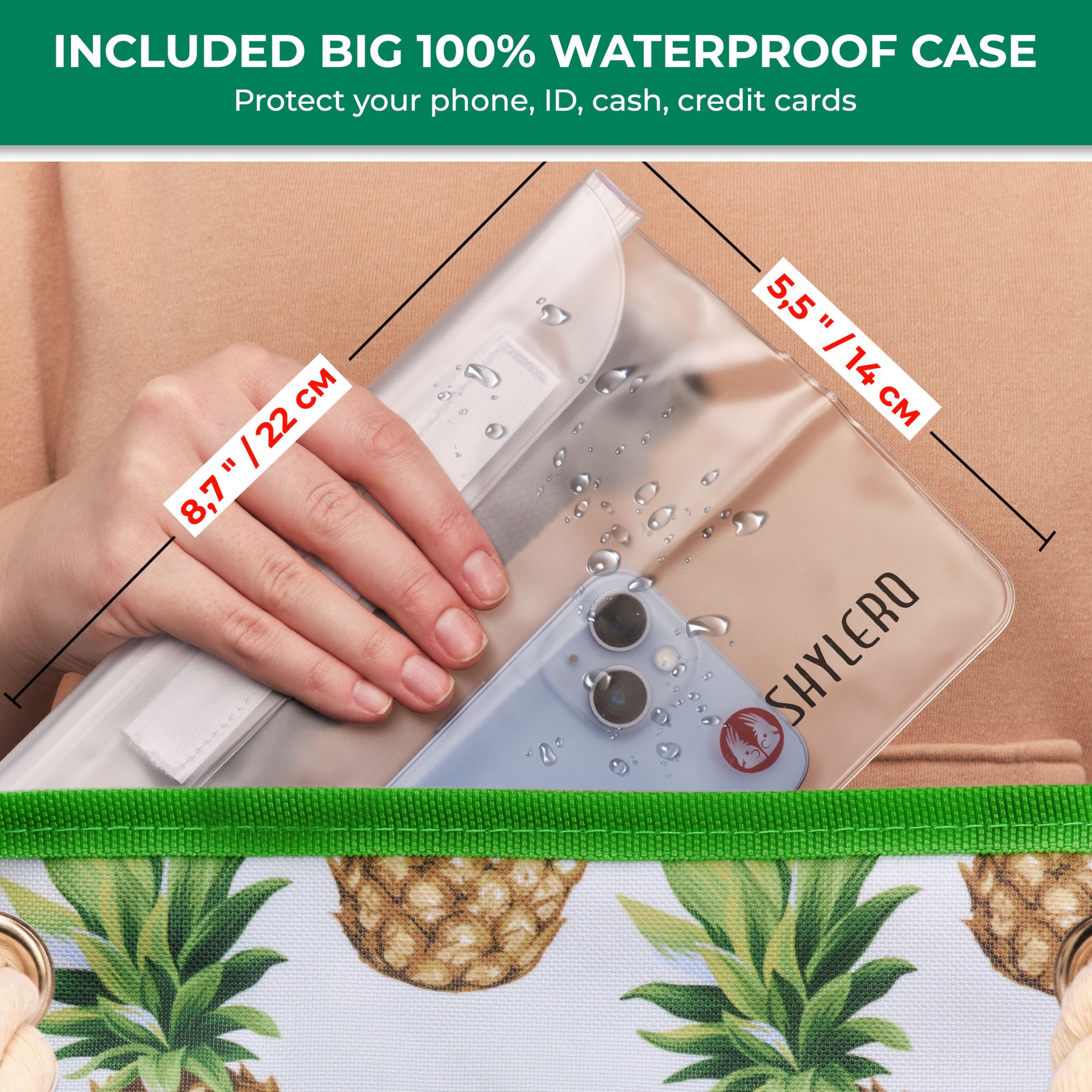 Beach Bag and Pool Bag | Water Repellent | Top Magnet | Family Size XXL | L22" x H15" x W6" | White With Pineapples