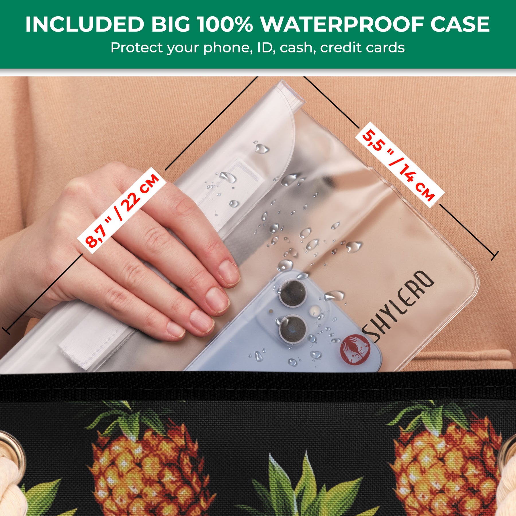 Beach Bag and Pool Bag | Water Repellent | Top Magnet | Family Size XXL | L22" x H15" x W6" | Black With Pineapples