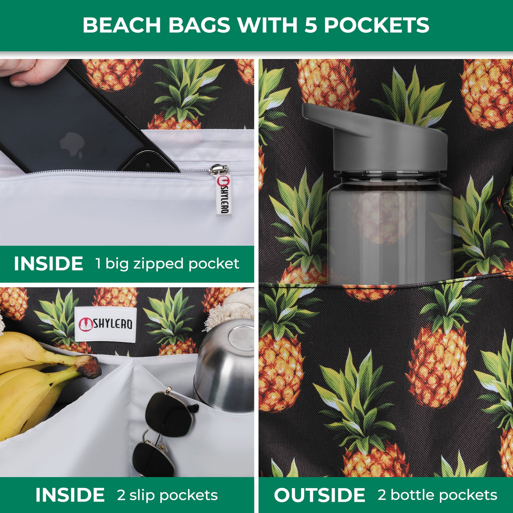 Beach Bag and Pool Bag | Water Repellent | Top Magnet | Family Size XXL | L22" x H15" x W6" | Black With Pineapples