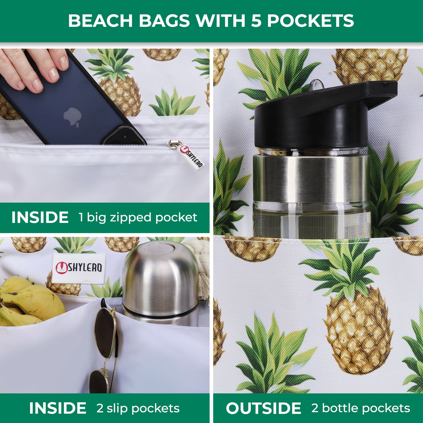 Beach Bag and Pool Bag | Water Repellent | Top Magnet | Family Size XXL | L22" x H15" x W6" | White With Pineapples