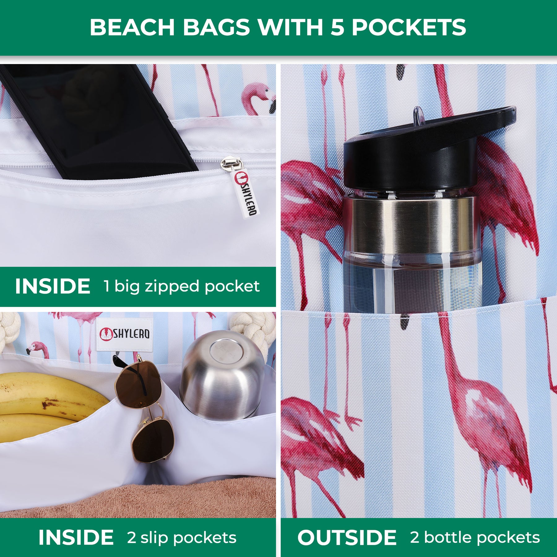 Beach Bag and Pool Bag | Water Repellent | Top Magnet | Family Size XXL | L22" x H15" x W6" | Pink Flamingo