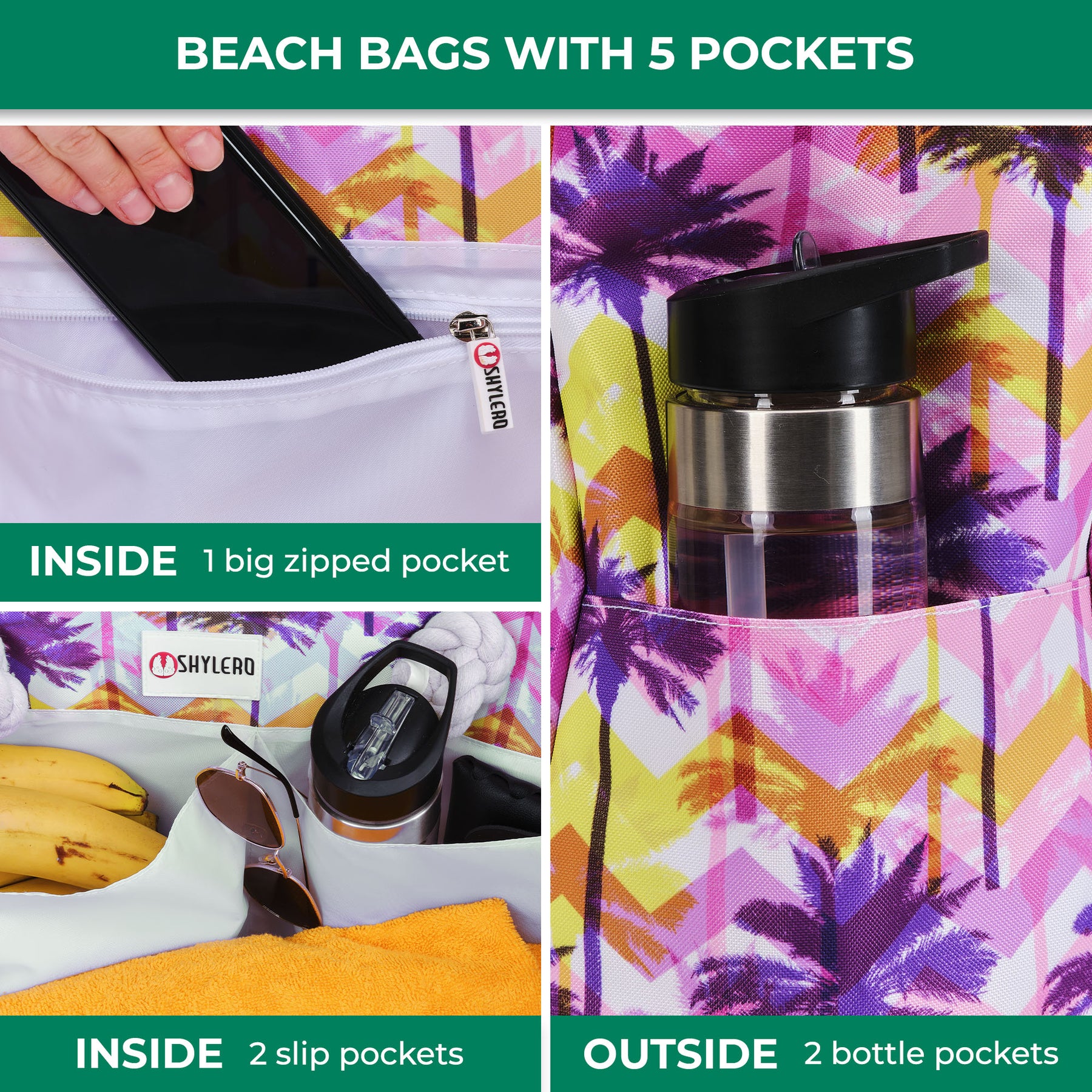 Beach Bag and Pool Bag | Water Repellent | Top Magnet | Family Size XXL | L22" x H15" x W6" | Summer Sunset