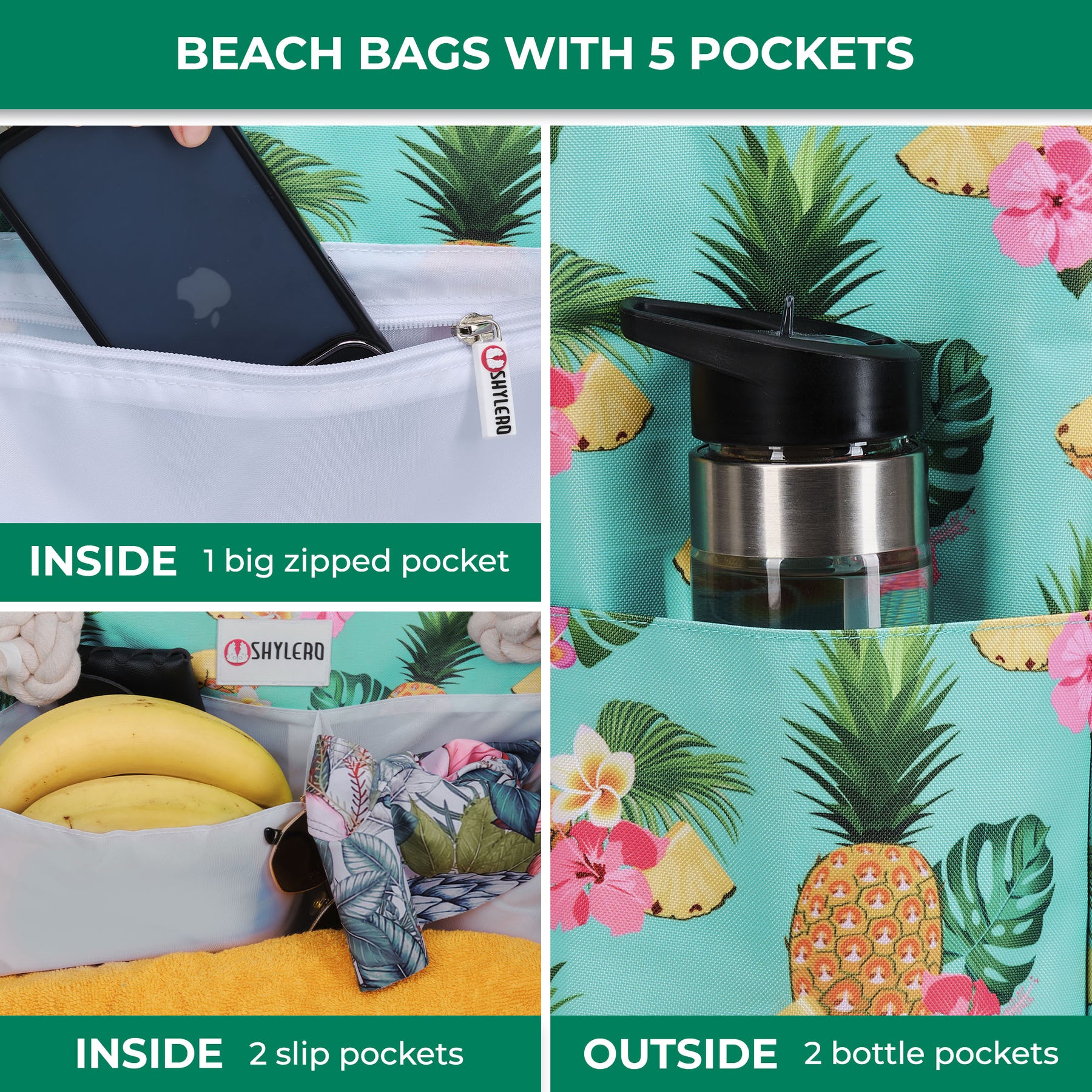 Beach Bag and Pool Bag | Water Repellent | Top Magnet | Family Size XXL | L22" x H15" x W6" | Tropical Fruits
